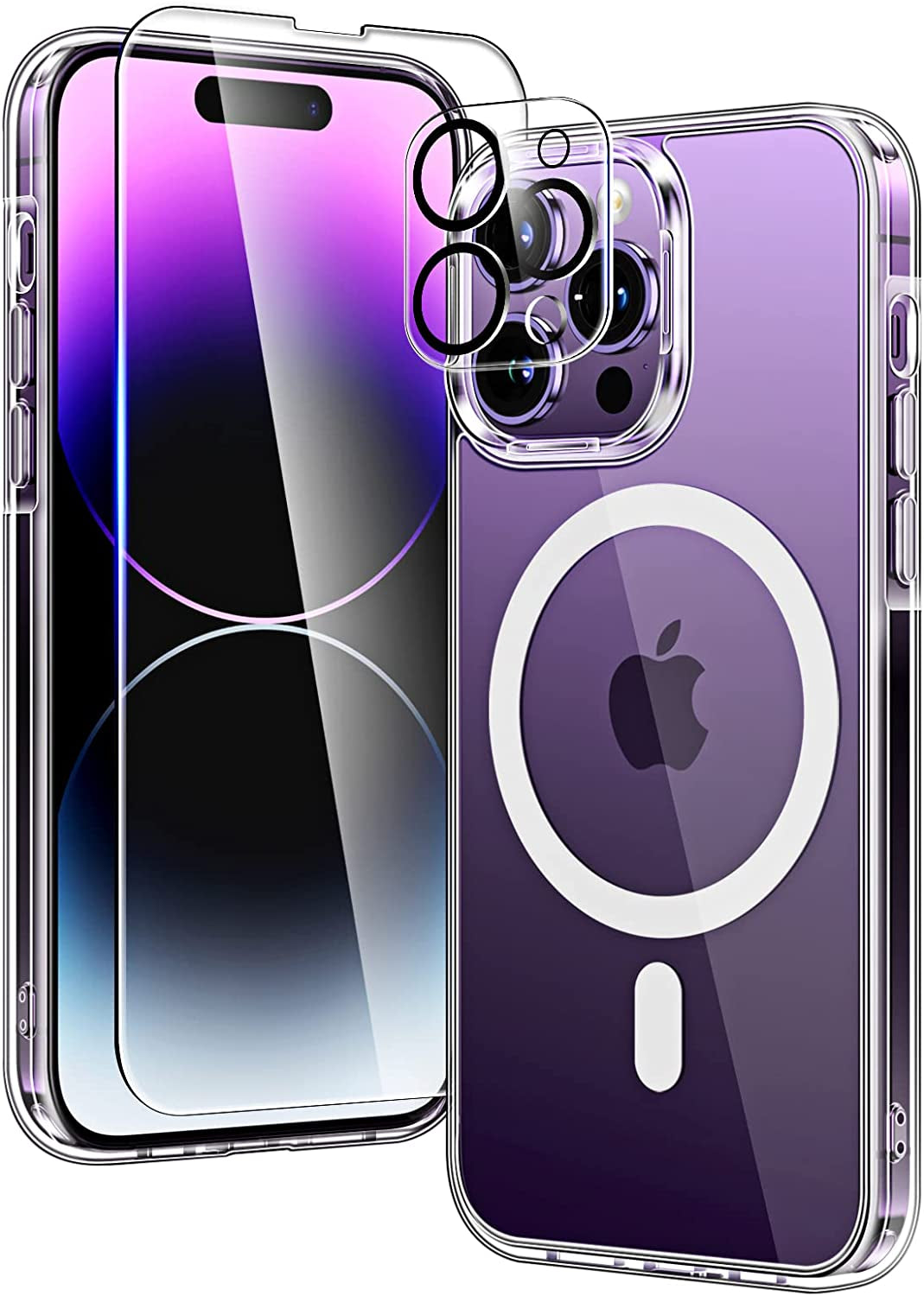 TAURI [5 in 1 Magnetic for Iphone 14 Case [Compatible with Magsafe] with 2 Screen Protector +2 Camera Lens Protector, [Military Grade Drop Protection] Translucent Matte Slim Case 6.1 Inch, Purple  TAURI Clear iPhone 14 Pro Max 6.7" 