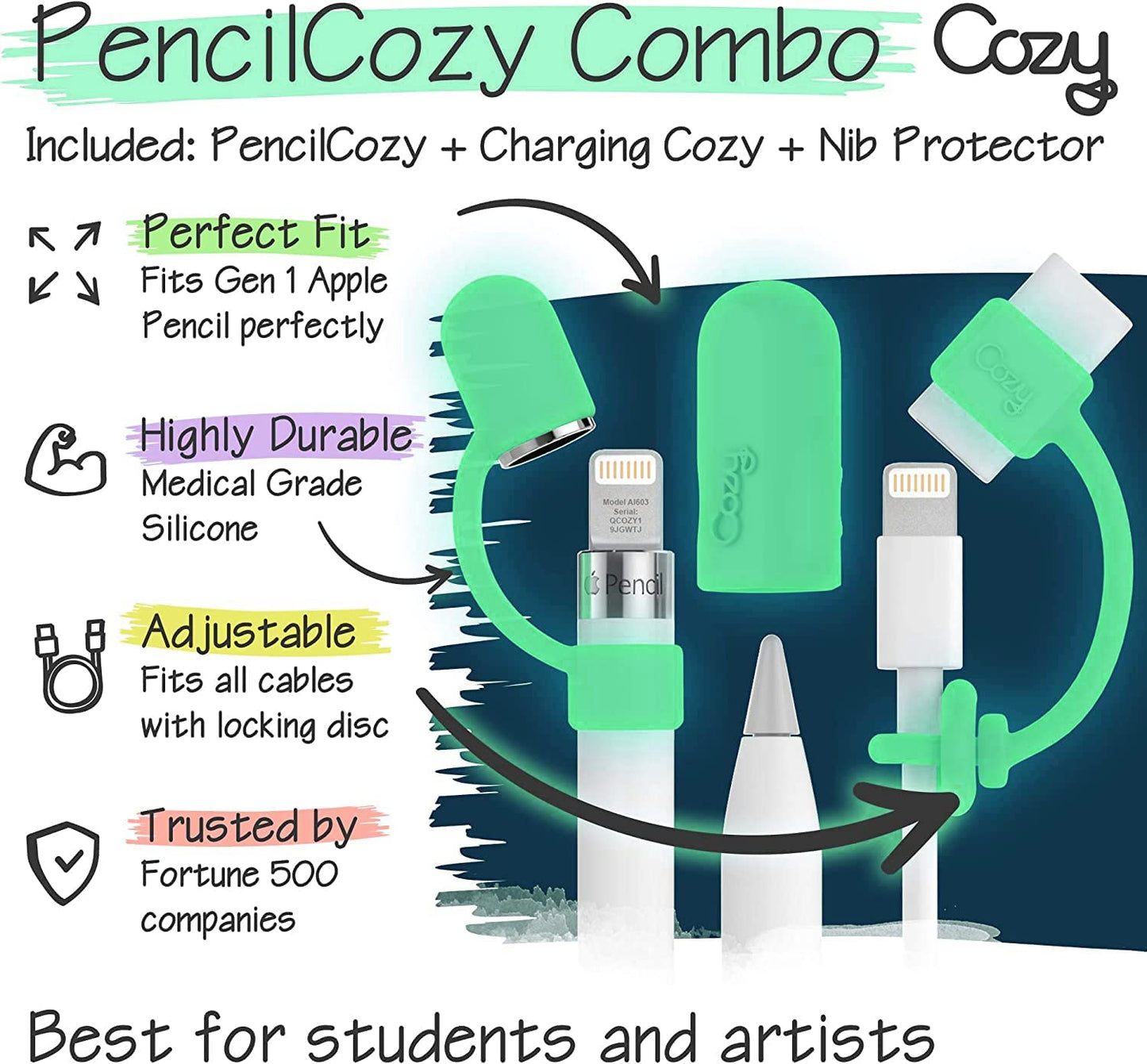 [3-Piece] Pencilcozy Combo Pack Cozy the Original Apple Pencil Cap Holder/Keeper, Compatible Apple Ipad Pro 6Th Generation Ipencil Charger/Nib Accessories | Case Friendly Design (Glow in the Dark)  Cozy   