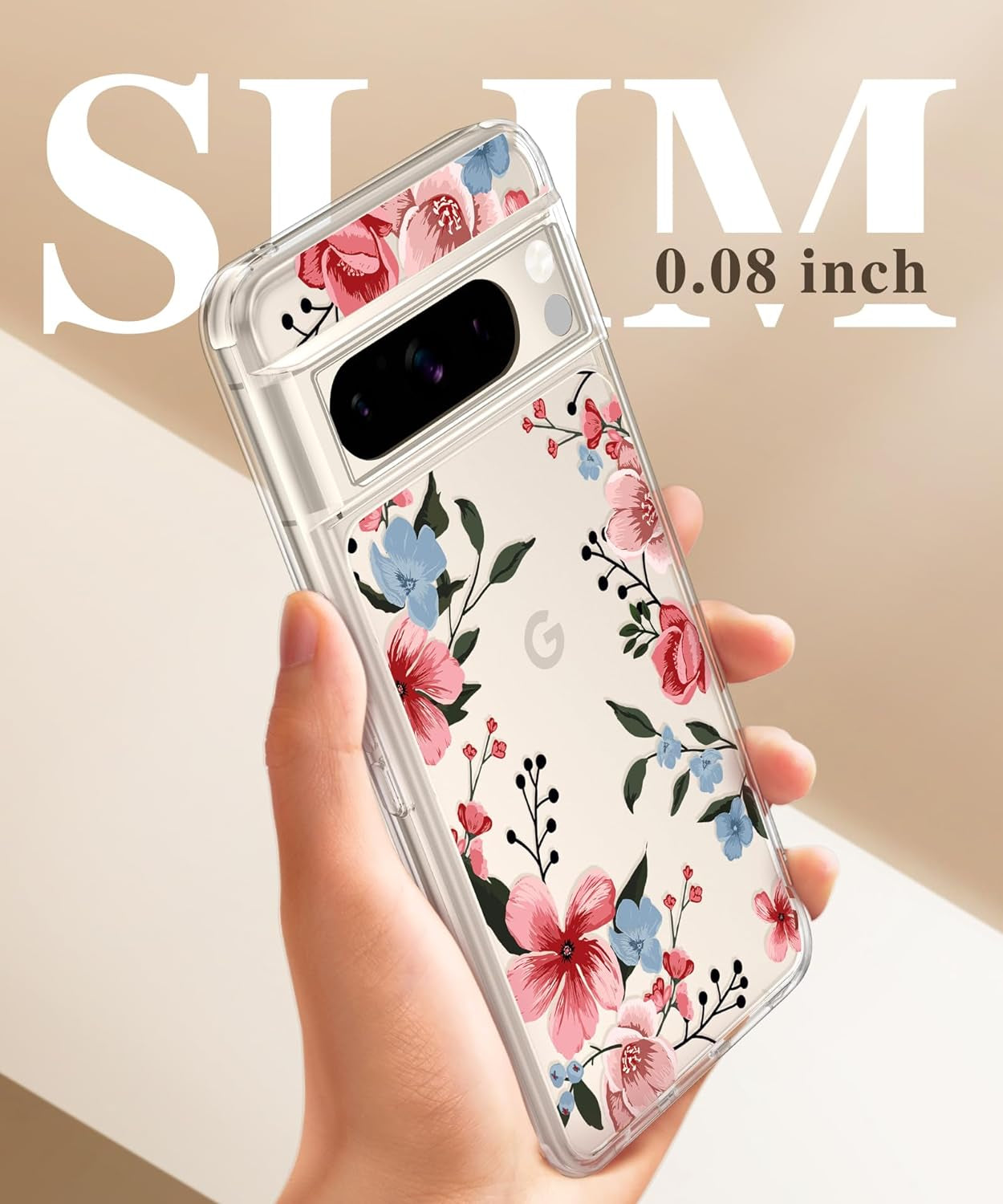 GVIEWIN Compatible with Google Pixel 8 Pro Case, with 2X Screen Protectors, [Not Yellowing + Military Grade Drop Tested] Clear Floral Slim Shockproof Protective Women Phone Case(Catharanthus/Pink)  GVIEWIN   