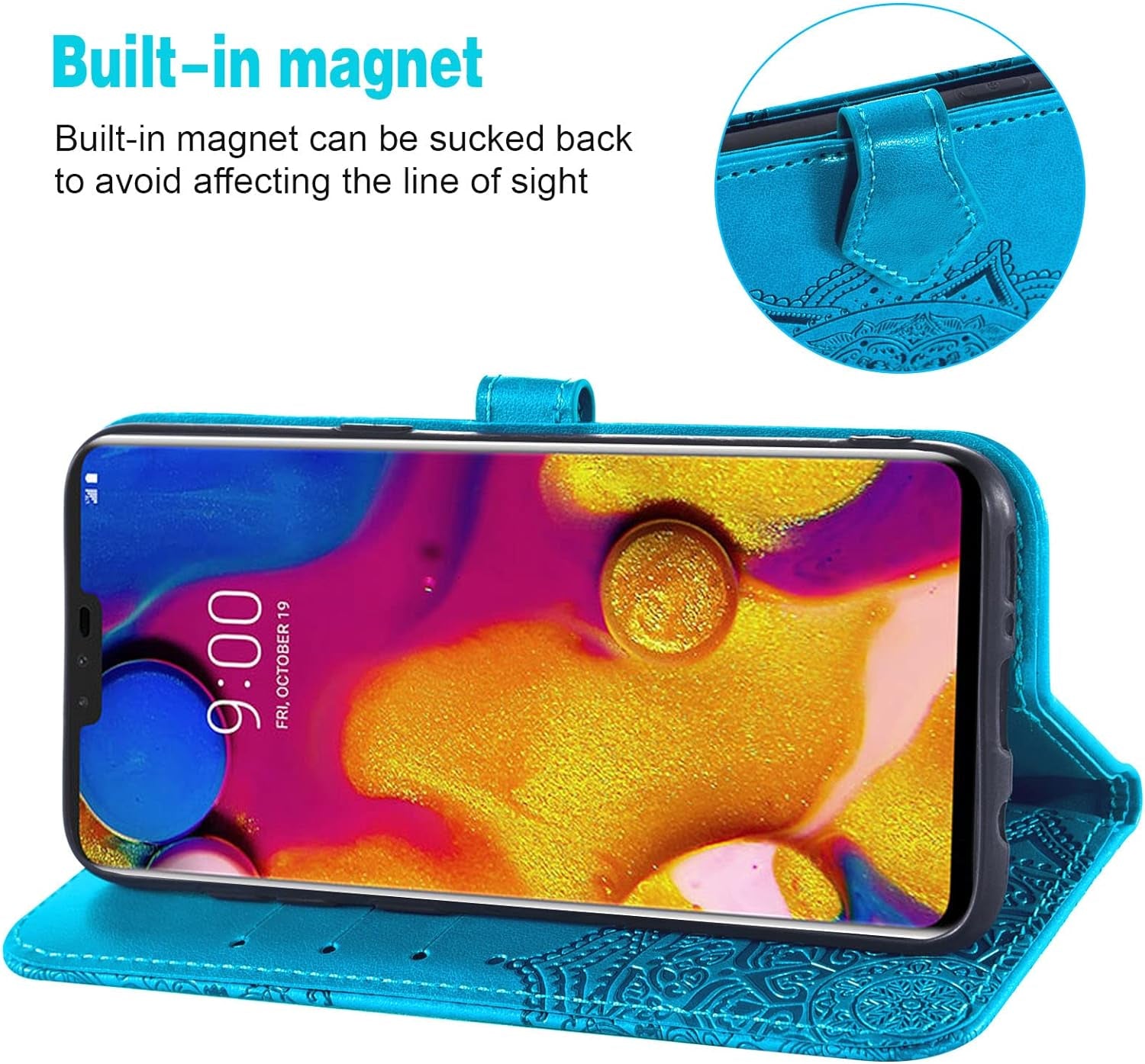 Compatible with LG V40 Thinq Wallet Case and Tempered Glass Screen Protector Flip Cover Credit Card Holder Stand Cell Phone Cases for LGV40 Storm V 40 Thin Q V40Thinq LG40 40V 40Thinq Women Men Blue  Asuwish   