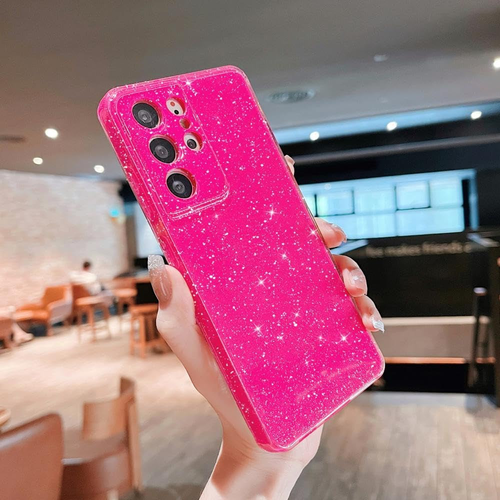 MINSCOSE Compatible with for Samsung Galaxy S21 Ultra Case,Cute Neon Bright Color,Glitter Bling Thin Slim Shockproof Silicone Sparkly Case, Soft TPU Phone Case for Women Girl-Hot Pink  MINSCOSE   