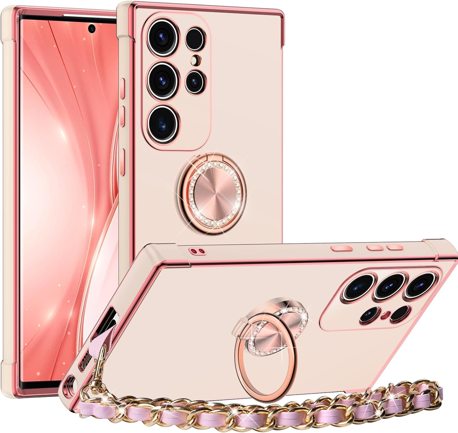 Miss Arts for Samsung Galaxy S22 Ultra Case, Ring Holder Stand Luxury Bling Electroplated Phone Case with Strap, Cute Soft TPU for Samsung S22 Ultra Cover for Women Girls, White  Miss Arts inc Pink  