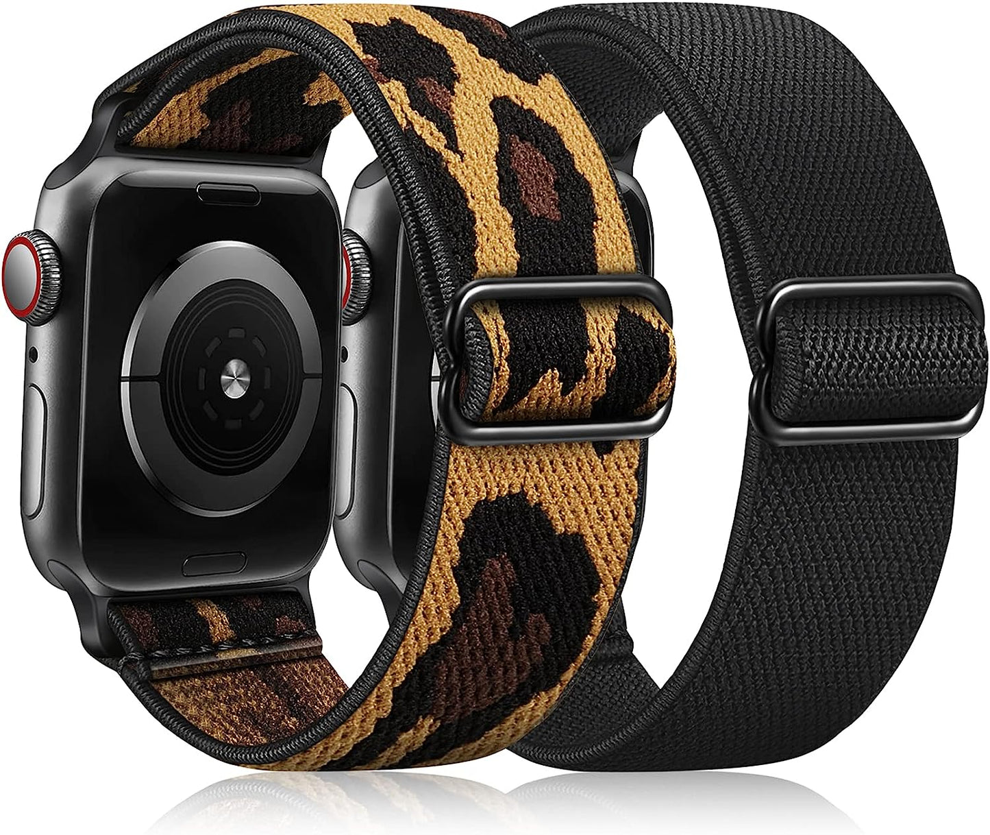 Fintie 2 Pack Stretchy Nylon Solo Loop Bands Compatible with Apple Watch 38Mm 40Mm 41Mm Iwatch Ultra SE2 SE Series 8 7 6 5 4 3 2 1, Adjustable Elastic Band Replacement Wristband Strap  Fintie Black+Leopard 38mm 40mm 