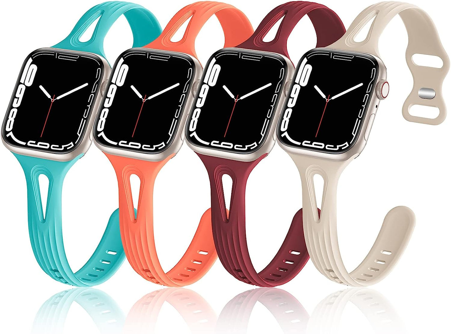4 Pack Bands Compatible with Apple Watch Band 40Mm 38Mm 41Mm 42Mm 44Mm 45Mm for Women, Slim Thin Narrow Replacement Wristbands Soft Silicone Sport Strap for Iwatch Band Series 8 7 6 5 4 3 2 1 SE  Hehighti Teal/Apricot Red/Wine Red/Light Walnut 42mm/44mm/45mm/49mm 