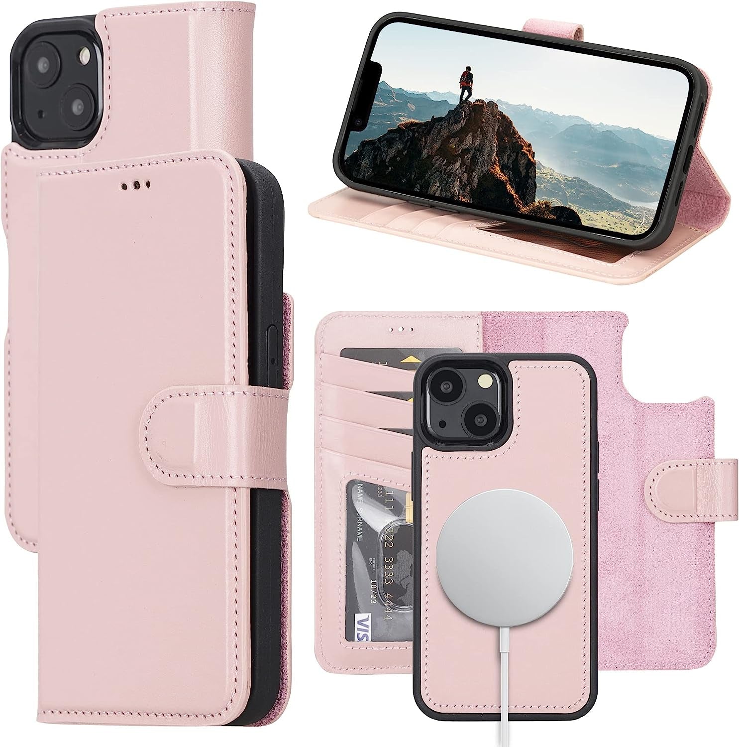 OXA Leather 2-In-1 Wallet Case Compatible with Iphone 14 Pro Max | Magnetic Detachable | Shockproof | RFID Blocking | Flip Case with Kickstand | Compatible with Magsafe | - Purple  OXA Pink iPhone 14 