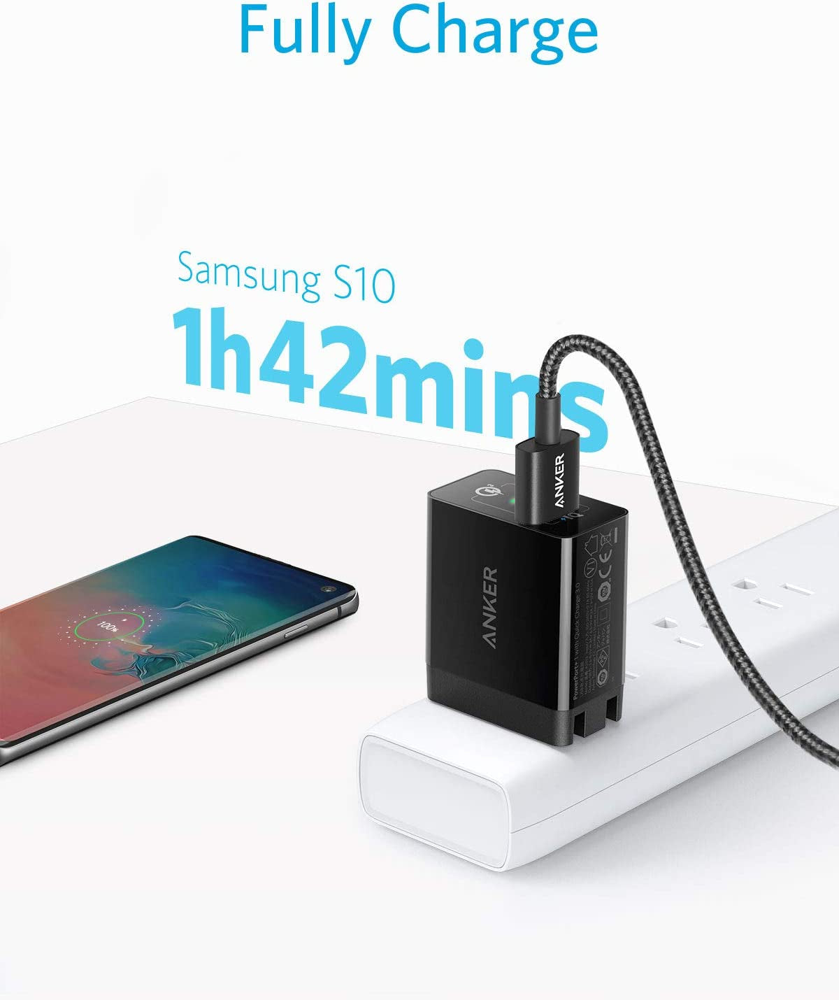 Quick Charge 3.0, Anker 18W Wall Charger (Quick Charge 2.0 Compatible) Powerport+ 1 for Wireless Charger, Galaxy S10E/S10/S9, Note 9/8, LG G7, Iphone and More (USB-A to USB-C Cable Included)  Anker   
