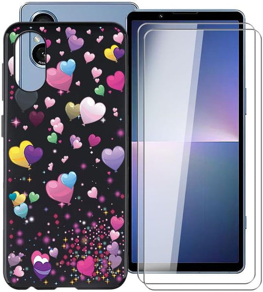 WIMSPEED Shockproof Phone Case for Sony Xperia 5 V (6.1") + 2 Pack Tempered Glass Protective Film, Slim Soft Silicone Shell anti Scratch TPU Cover for Sony Xperia 5 V - Pink Balloon  WIMSPEED   