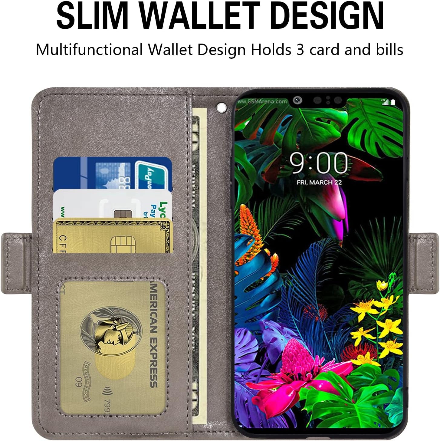 Asuwish Compatible with LG G8 Thinq Wallet Case and Tempered Glass Screen Protector Flip Wrist Strap Card Holder Stand Cell Phone Cover for LGG8 Thin Q G 8 LG8 G8Thinq Lgg8Thinq 8G Women Men Gray  Asuwish   