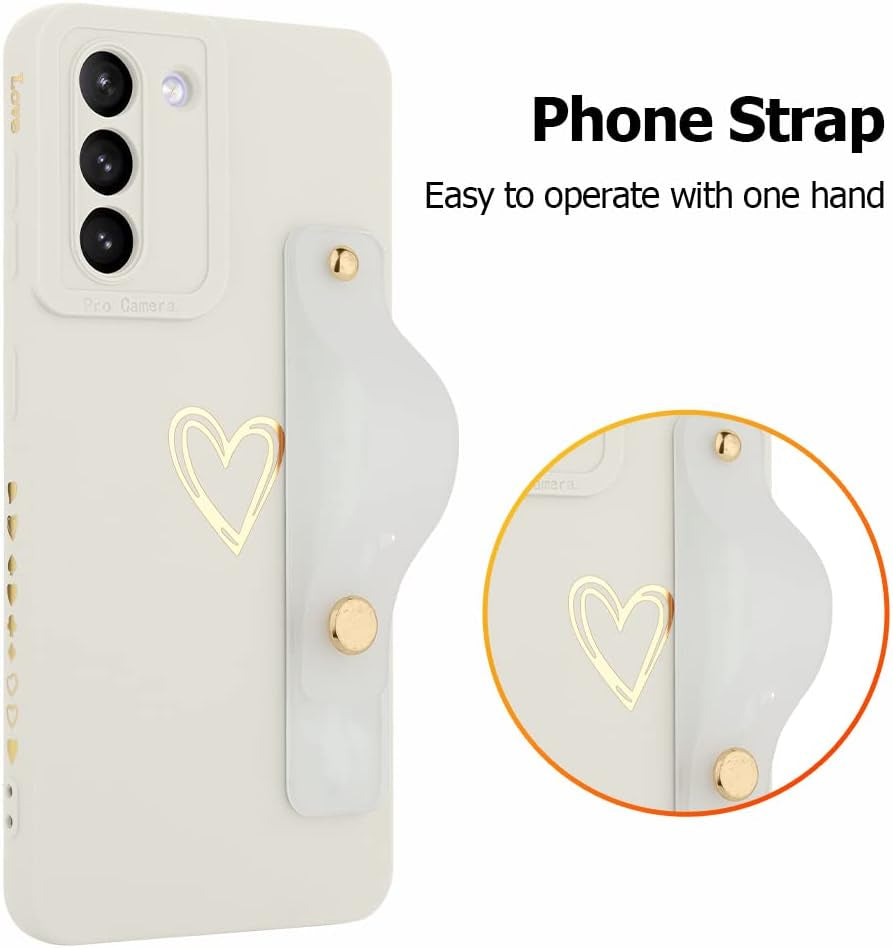Fiyart Designed for Galaxy S21 5G Case with Phone Stand Holder Cute Love Hearts Pattern Slim Protective Camera Protection Cover with Wrist Strap for Women Girls for Galaxy S21 5G 6.2"-White  Fiyart   