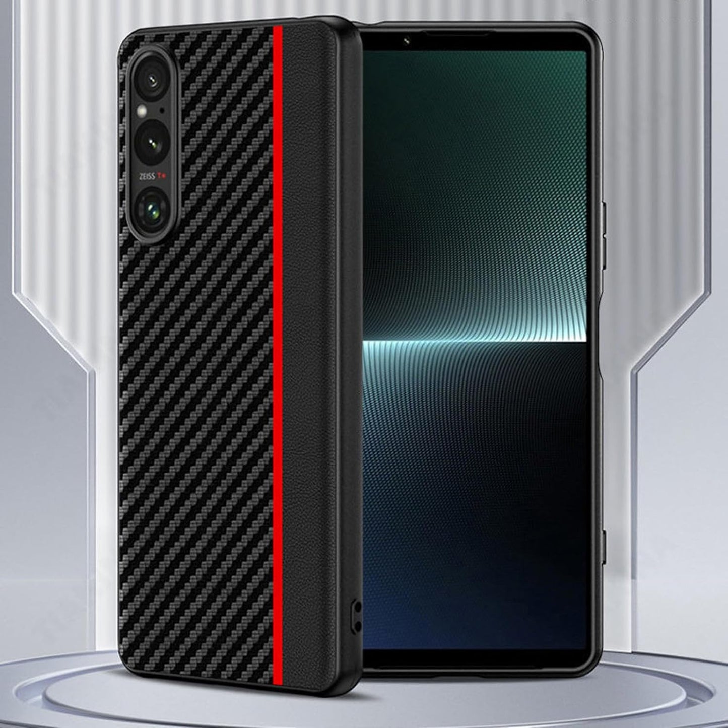 Thikk Leather Case for Sony Xperia 1 V, Carbon Fiber Texture Premium Faux Leather Slim Phone Case Scratch Resistant Protective Cover for Sony Xperia 1 V,Red  THikk   