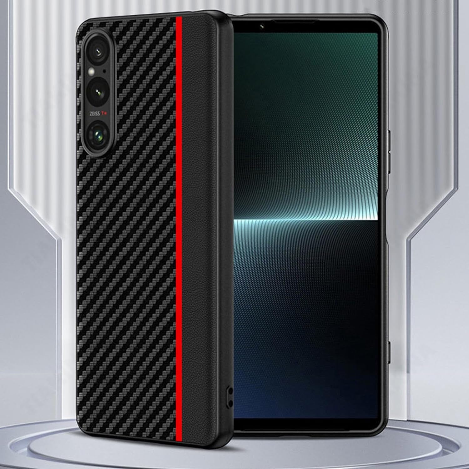 Thikk Leather Case for Sony Xperia 1 V, Carbon Fiber Texture Premium Faux Leather Slim Phone Case Scratch Resistant Protective Cover for Sony Xperia 1 V,Red  THikk   