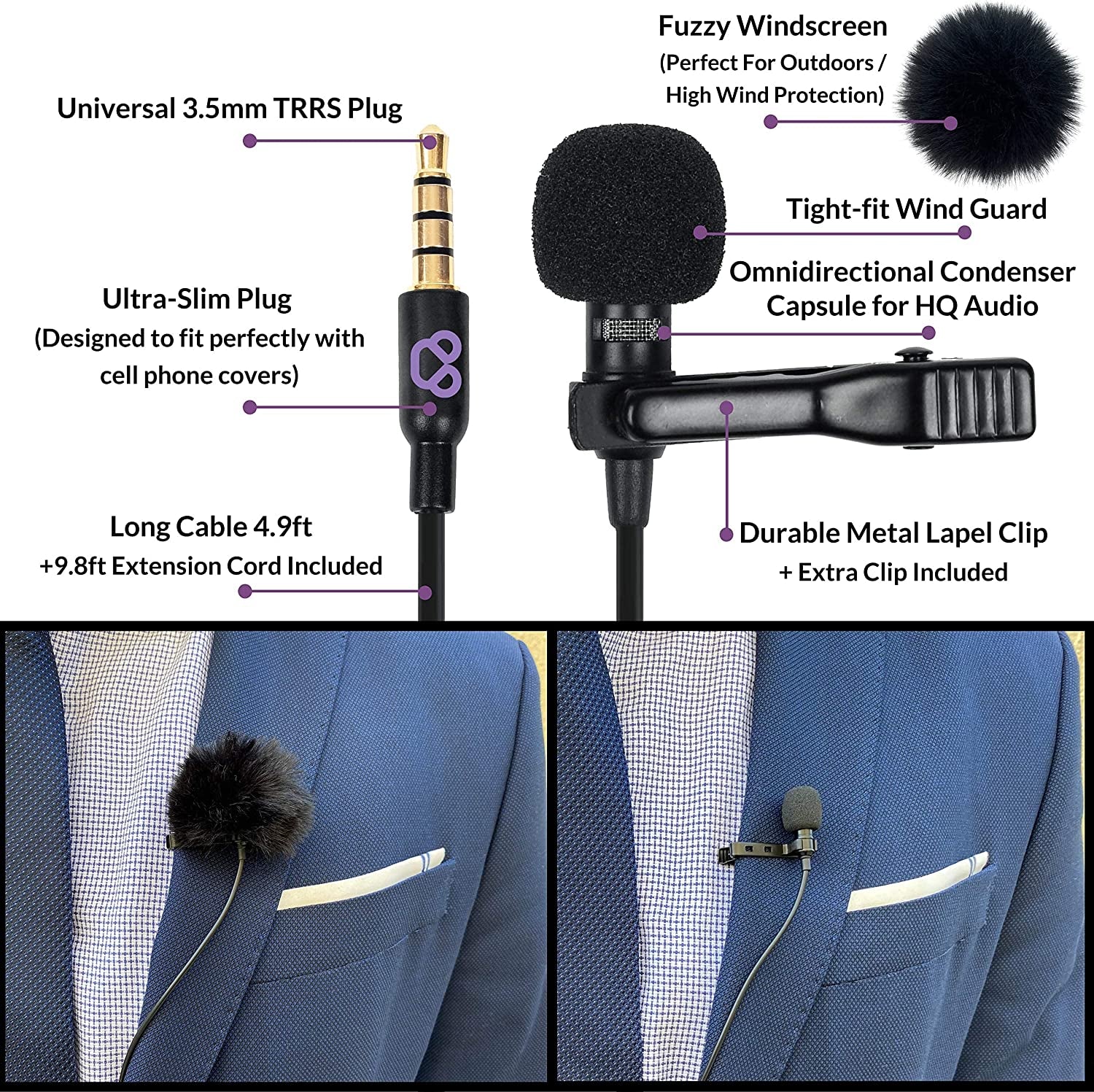 Purple Panda Smartphone Lavalier Lapel Microphone with 3.5Mm Plug - Omnidirectional Condenser Clip on Lav Mic Kit - Compatible with Iphone, Android, Samsung, Ipad, Tablets - Skype/Zoom, Video Calls  Purple Panda   