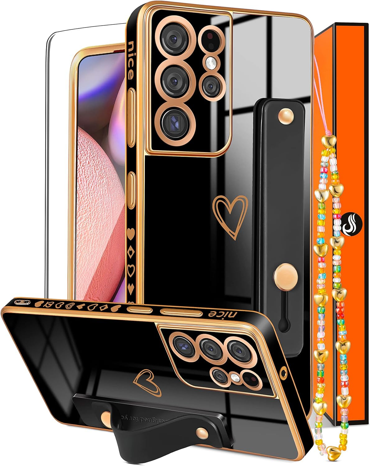 Likiyami (3In1 for Samsung Galaxy S21 Ultra Case Heart Women Girls Cute Girly Aesthetic Trendy Luxury Pretty with Loop Phone Cases Purple Lavender Plating Love Hearts Cover+Screen+Chain -6.8 Inch  Likiyami Only For Samsung Galaxy S21 Ultra-Black  