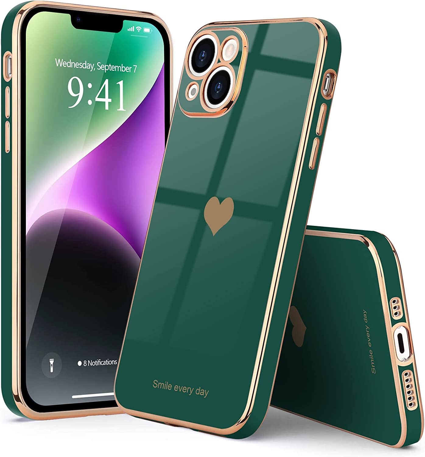 Teageo for Iphone 14 Case for Women Girl Cute Love Heart Luxury Plating Soft Bling Back Cover Raised Full Camera Protection Bumper Silicone Shockproof Phone Case for Iphone 14, Blackish Green  janzee   