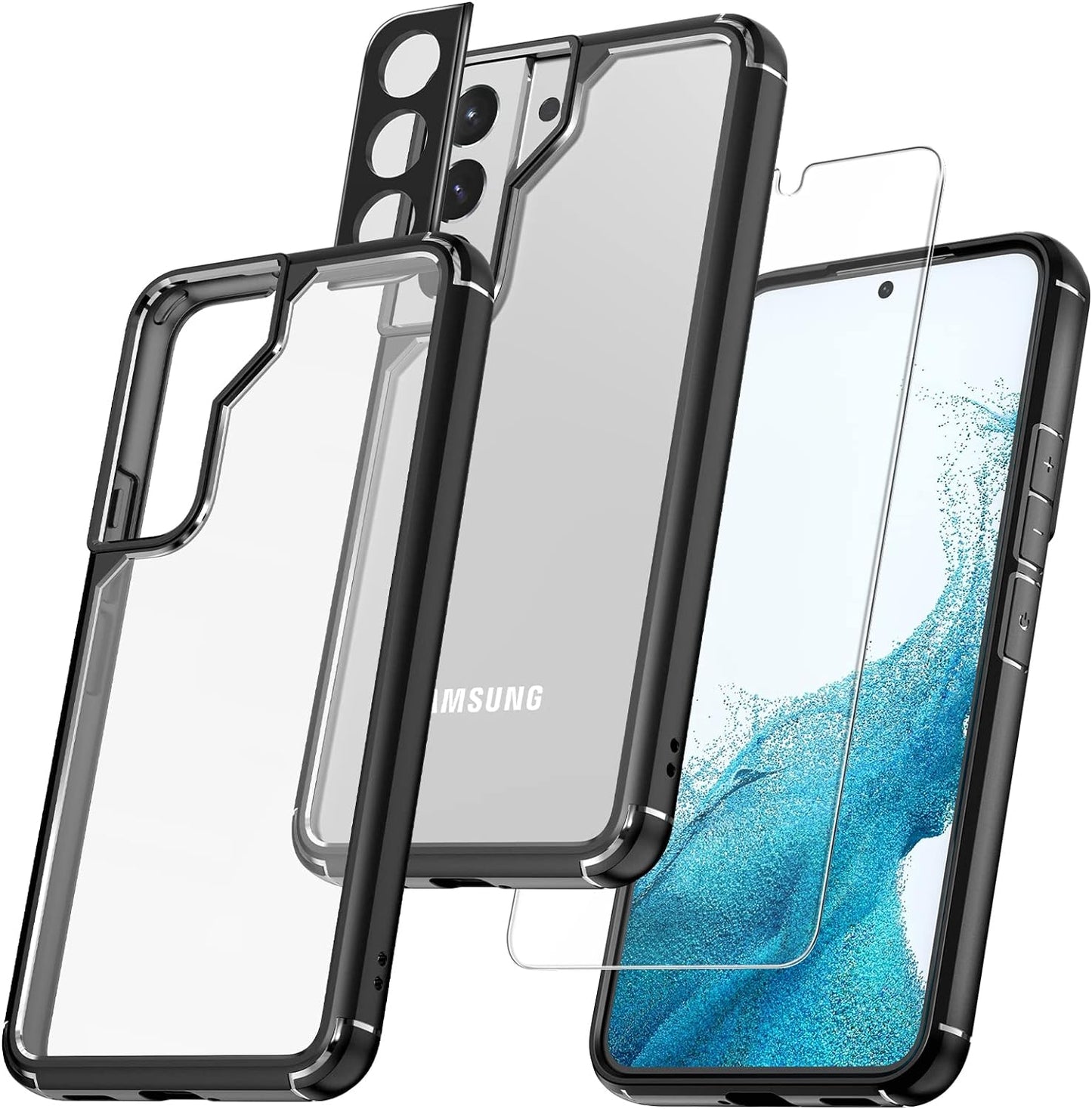 TAURI [5 in 1] Shockproof Designed for Samsung Galaxy S22 Case 5G 6.1 Inch, with 2 Pack Tempered Glass Screen Protector + 2 Pack Camera Lens Protector [Military Grade Protection] Slim Thin Cover  TAURI Black S22 Plus-6.6 Inch 