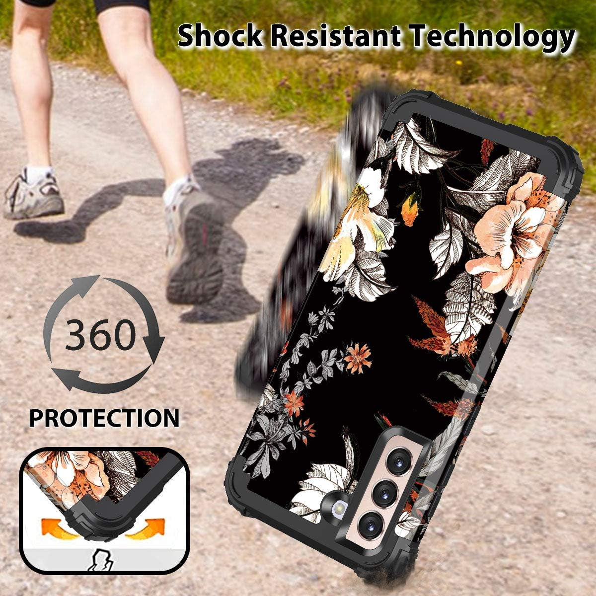 Casetego for Galaxy S21 5G Case,Floral Three Layer Heavy Duty Sturdy Shockproof Soft Tpu+Hard PC Protective Cover Case for Samsung Galaxy S21 5G 6.2 Inch,Orange/Black  Casetego   