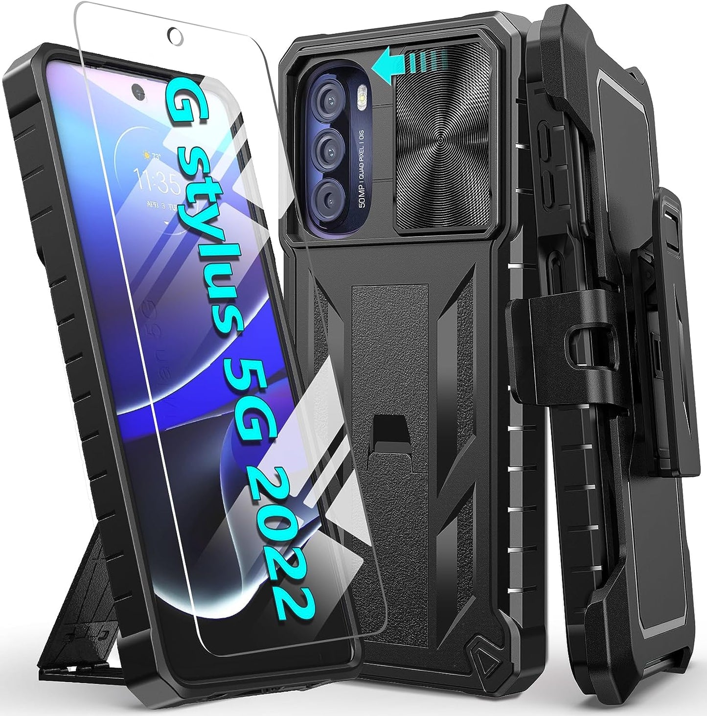 For Motorola Moto G-Stylus 5G-2022 Case: Military Grade Drop Proof Protection Rugged Protective Cell Phone Cover with Belt Clip Holster Kickstand & Slide |Shockproof TPU Matte(Belt-Clip Orange)  WTYOO Belt-Clip Black  