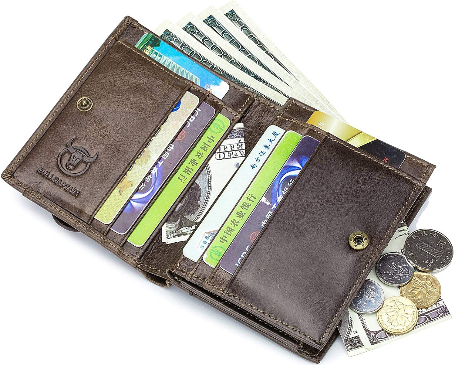 Mens RFID Blocking Wallet,Leather Vintage Bifold Card Holder Purse with Zipper  BULLCAPTAIN   