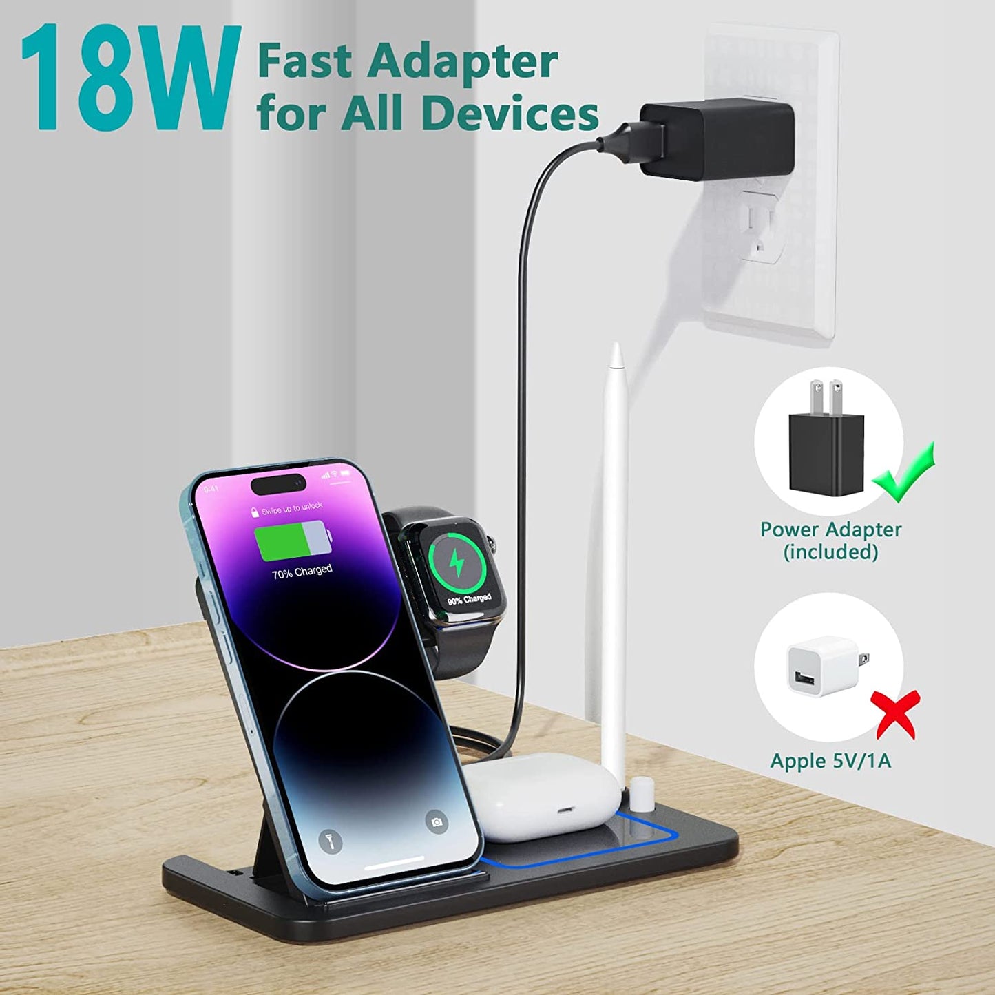 Wireless Charging Station for Apple Multiple Devices - 4 in 1 Charger Station Stand Dock for Apple Watch Series 7 6 SE 5 4 3 2 & Airpods Apple Pencil Iphone 13 12 11 Pro X XR 8 Iwatch with Adapter  Popveen   