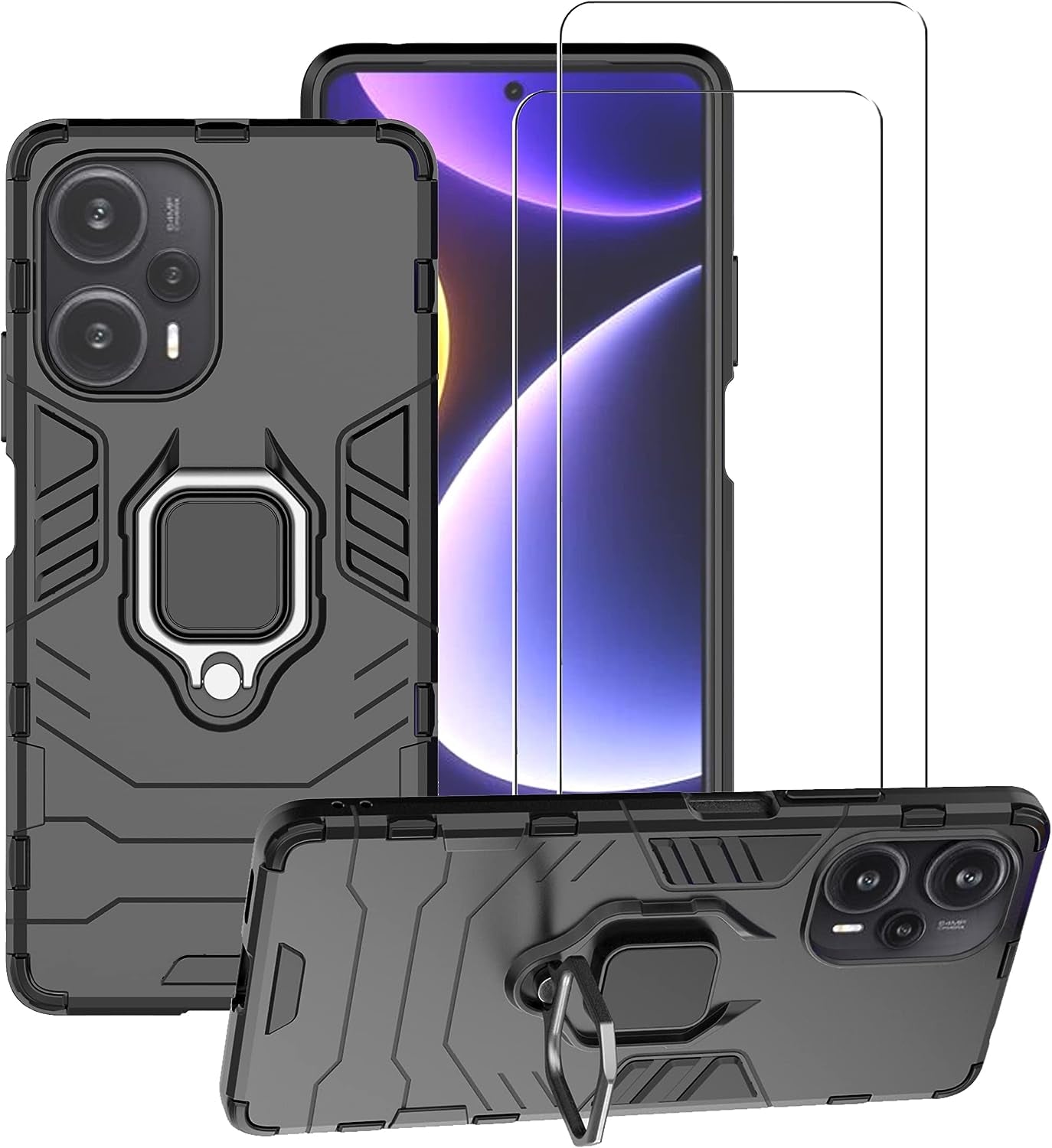 ZMONE Phone Case for Xiaomi Poco F5 5G Case with Glass Screen Protector [2 Pack] Heavy Duty Dual Layer Military Grade Shockproof Protective Cover with Magnetic Ring Kickstand - Red  Chengmi Black  