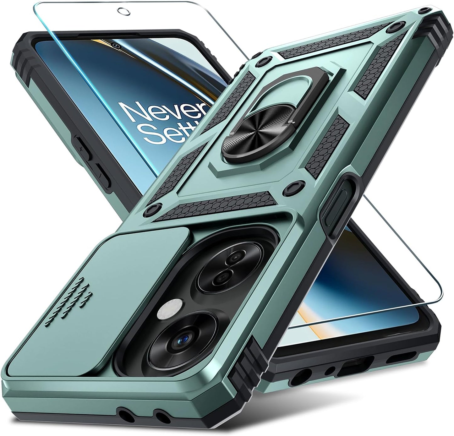 Janmitta Oneplus Nord N30 5G Case Built in Slide Camera Lens Cover+Screen Protector+Finger Ring Holder Kickstand,Heavy Duty Shockproof Full Body Protective Phone Cover,2023 Black  Janmitta Dark Green Oneplus Nord N30 5G(6.7 Inch) 