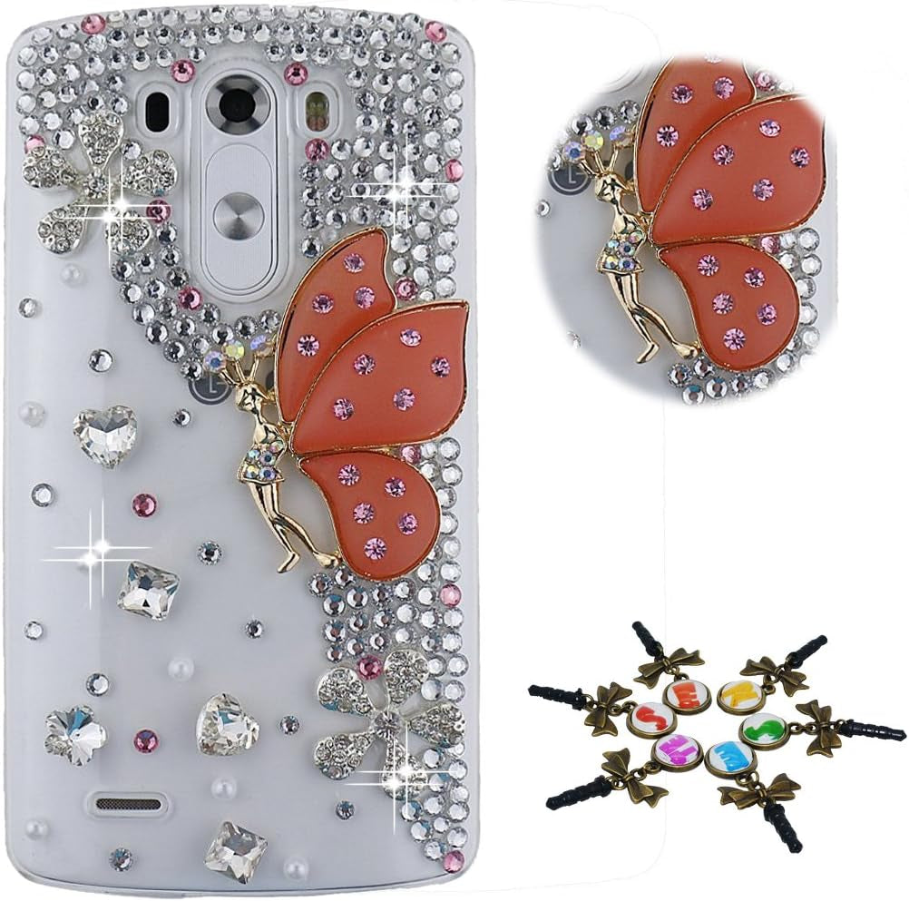 STENES LG G7 Case, LG G7 Thinq Case - STYLISH - 100+ Bling Crystal - 3D Handmade Bling Heart Pendant Butterfly Flowers Design Protective Cover Case for LG G7 Thinq - Colorful  STENES Butterfly Flowers / Orange  