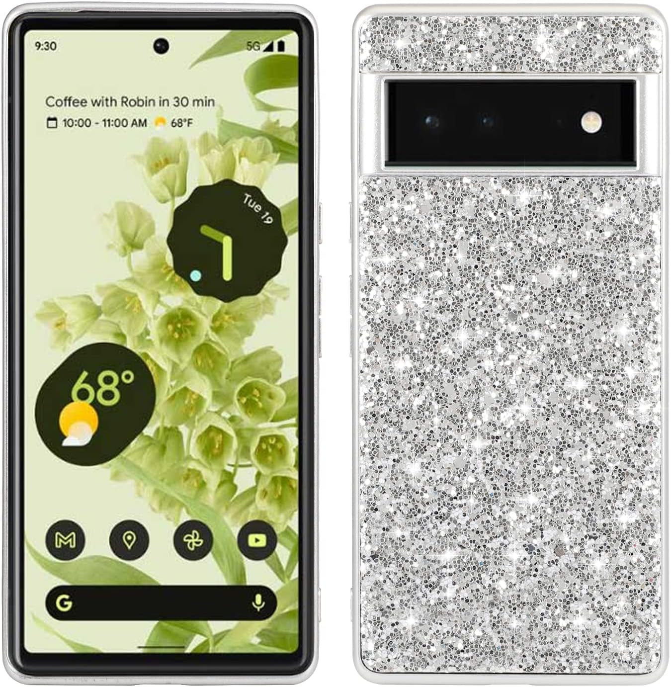 Joie & Joho Compatible with Google Pixel 6 Pro 5G 2021, Sparkling Back Cover Protective Case PC Hard Shockproof Protection Cover Case for Google Pixel 6 Pro, Black  Joie & Joho Silver  