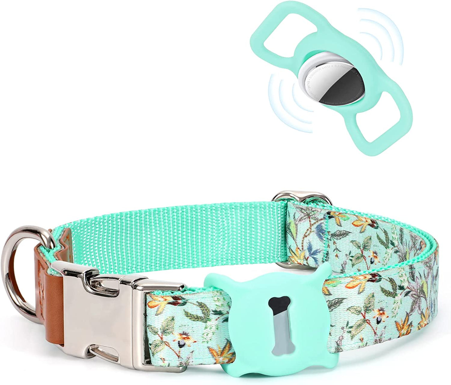 WHIPPY Girl Floral Dog Collar Cute Pink Flower Print Puppy Collar Adjustable Heavy Duty Nylon Collar with Metal Buckle Soft Comfortable Collar for Small Medium Large Dog Pet,M,Flower Pink  WHIPPY D-Green+AirTag Case L: 16"-25" 
