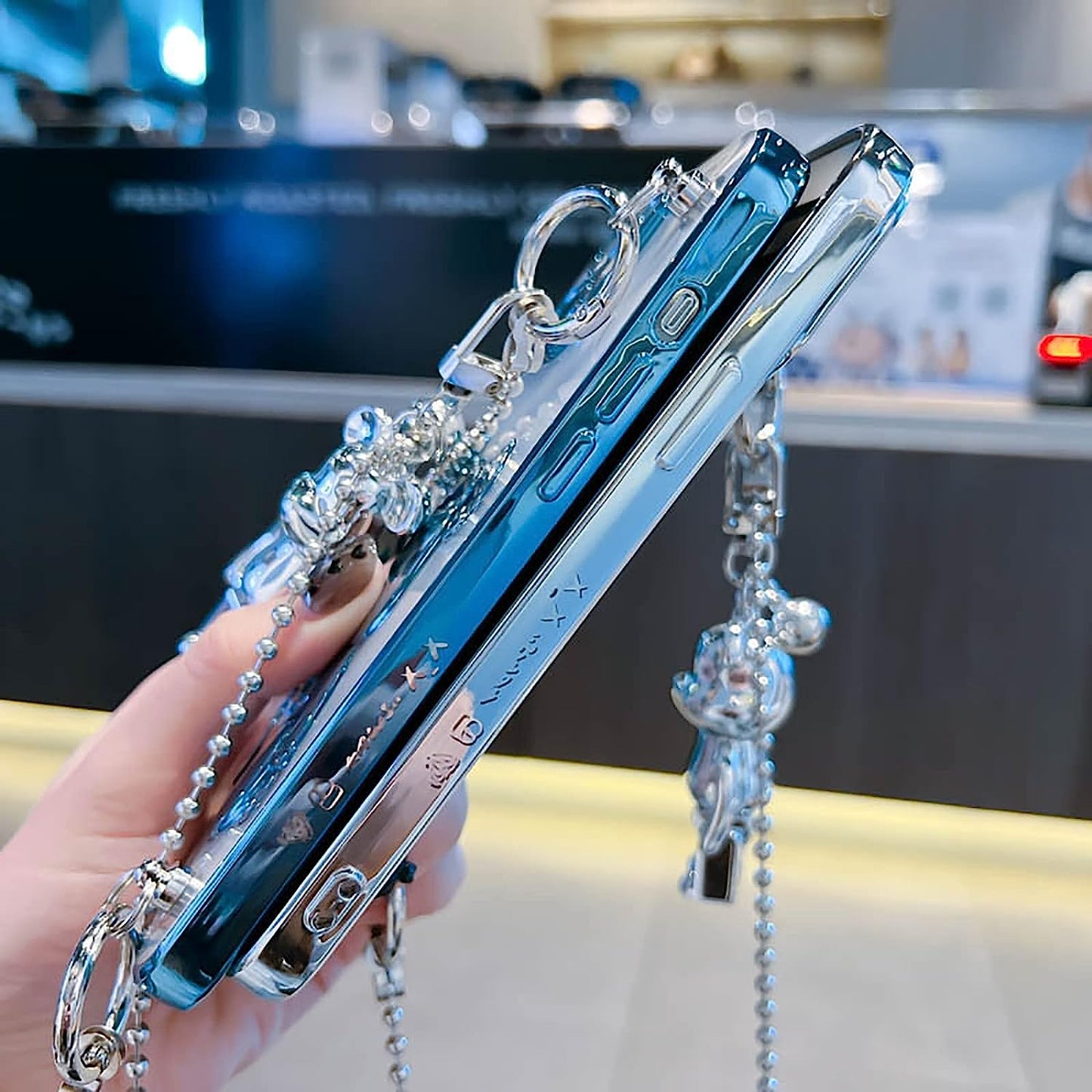 Aartvark Tees Cute Case for Iphone 13, Cartoon Silver Teddy Bear Sparkle Bling Cover with Metal Chain Strap Bell Pendant, Fashion Soft TPU Shockproof, Phone Case Suitable for Women & Girls  aartvark tees   