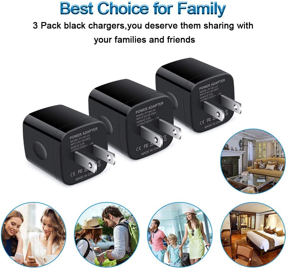 Wall Charger Cube,1A/5V Single Port USB Wall Plug 3 Pack Travel Black Charging Block Box Adapter Compatible Iphone,Samsung Galaxy A21 A51 A71 S20 S10 S9 S8,A10E,A90,Note20/10,Moto G7 G6,LG Stylo 6/5/4  Shenzhen Putuo Technology Co.,Ltd.   