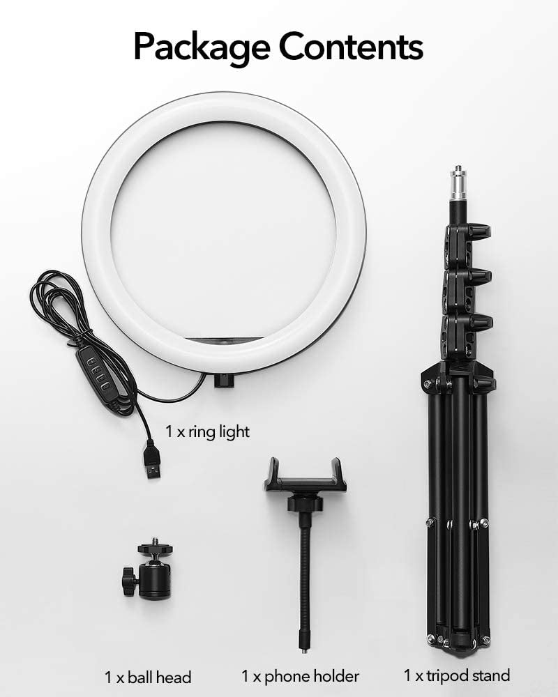 ESR Selfie Ring Light with Tripod Stand and Phone Holder, Dimmable Beauty 10-Inch Ring Light for Vlogs, Selfies, Makeup, Livestreaming, Videos, and Photography, Compatible with Iphone and Android  Electronic Silk Road Corp   