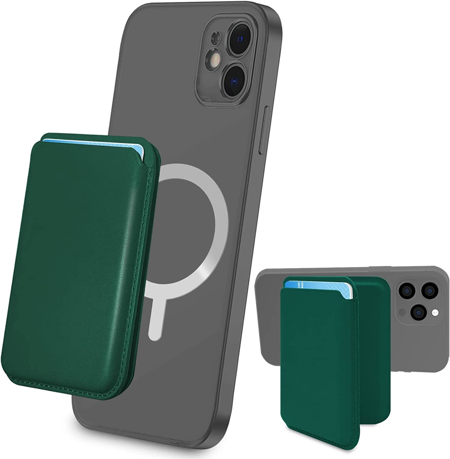 Phone Card Holder, Leather Phone Wallet Stick On, Stretchy Card Holder for Back of Phone Credit Card Holder (Black)  MOONS Green  