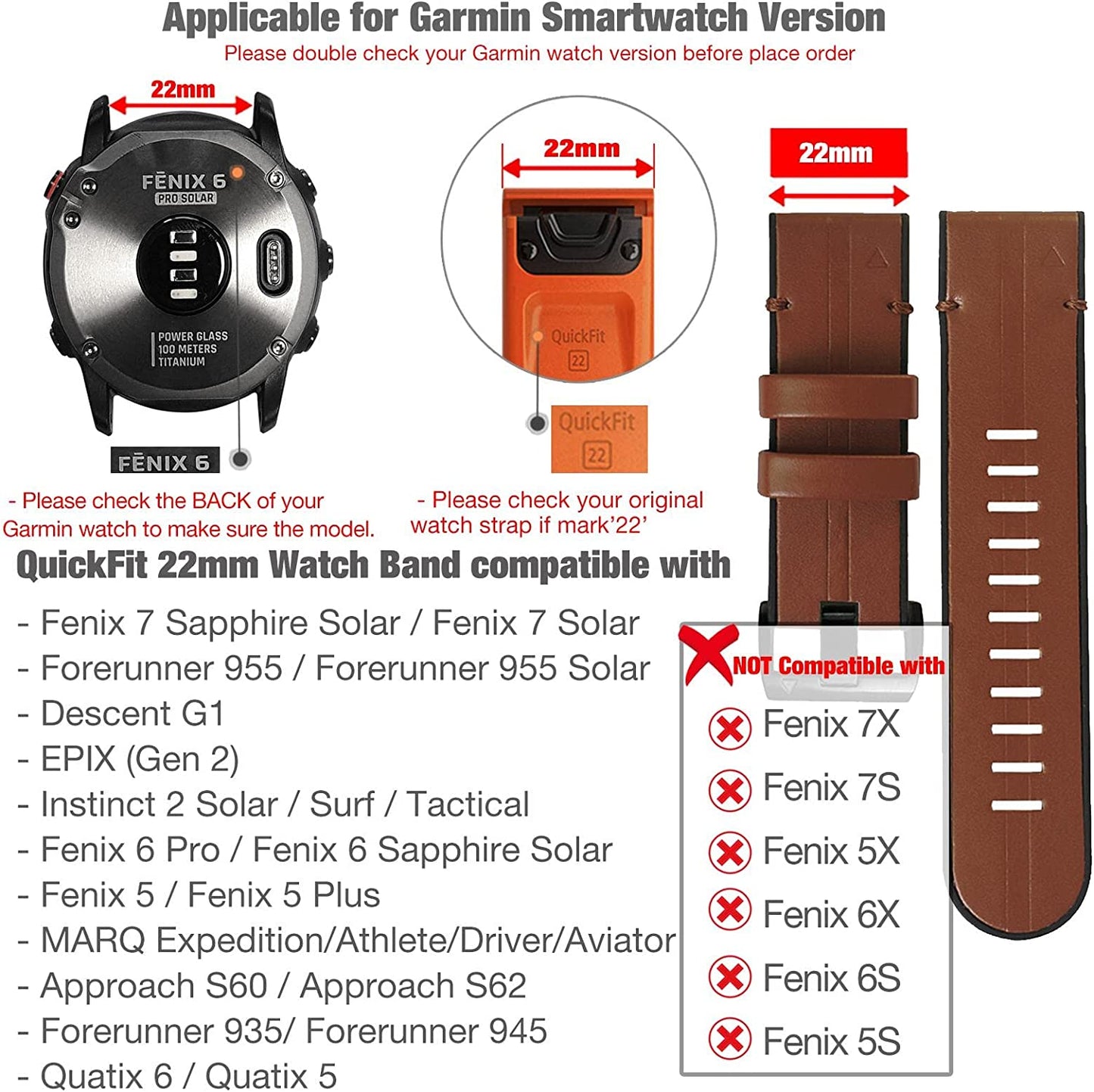 Abanen Leather Watch Bands for Fenix 6 / Fenix 5 / Fenix 7, Quickfit 22Mm Soft Genuine Leather with Silicone Sweatproof Wrist Strap for Garmin Fenix 6 Pro/Sapphire,Instinct, EPIX 2,Approach S62/S60  Abanen   