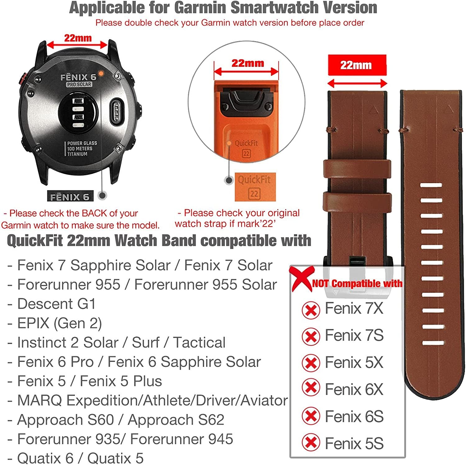 Abanen Leather Watch Bands for Fenix 6 / Fenix 5 / Fenix 7, Quickfit 22Mm Soft Genuine Leather with Silicone Sweatproof Wrist Strap for Garmin Fenix 6 Pro/Sapphire,Instinct, EPIX 2,Approach S62/S60  Abanen   