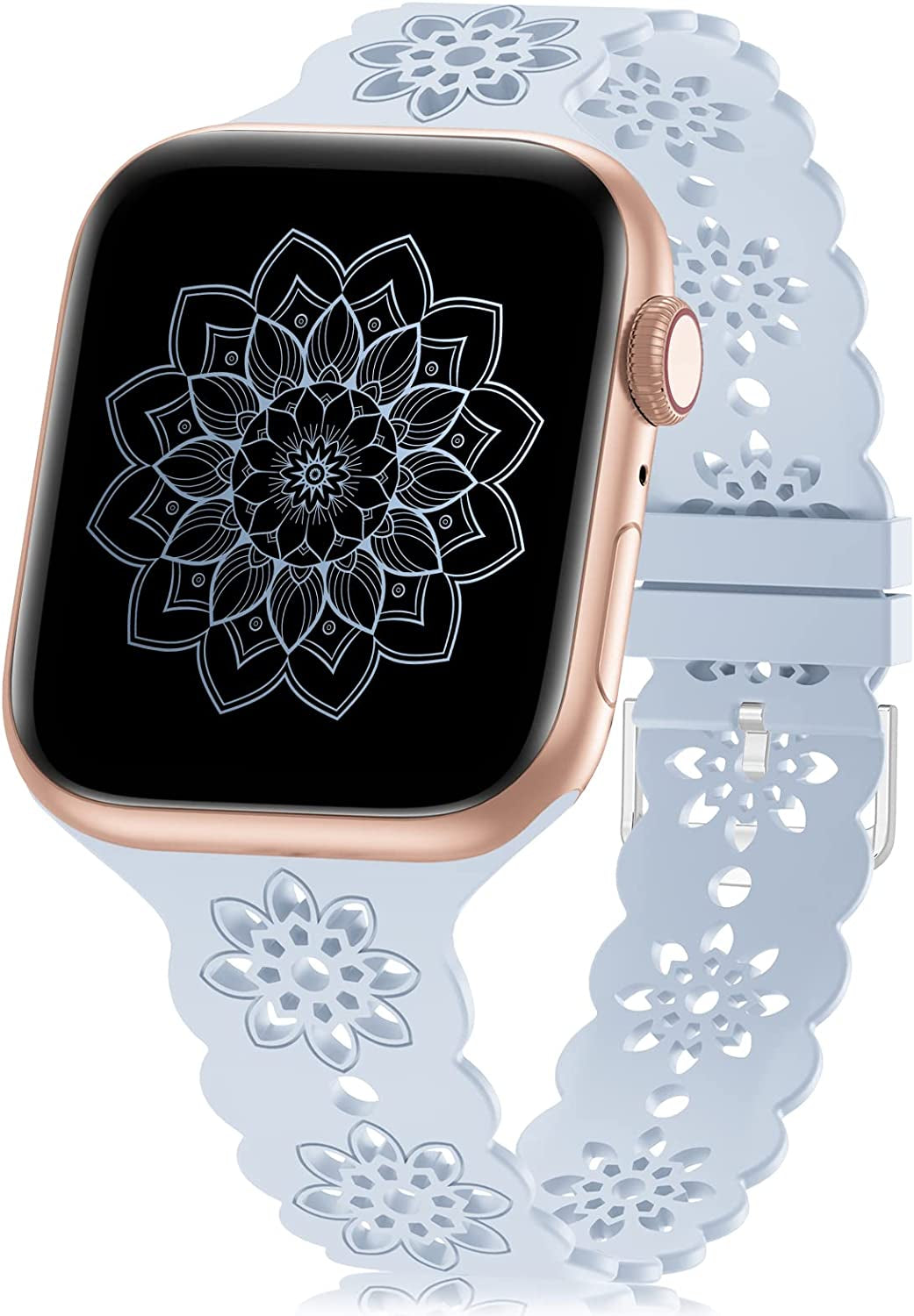 Floral Silicone Band Compatible with Apple Watch Bands 38Mm 40Mm 42Mm 44Mm 41Mm 45Mm 49Mm Women Men, Slim Hollow-Out Design Wristbands Soft Sport Breathable Watch Bands for Iwatch Ultra SE Series 8/7/6/5/4/3/2/1  Wewatri Light Blue 38mm/40mm/41mm 