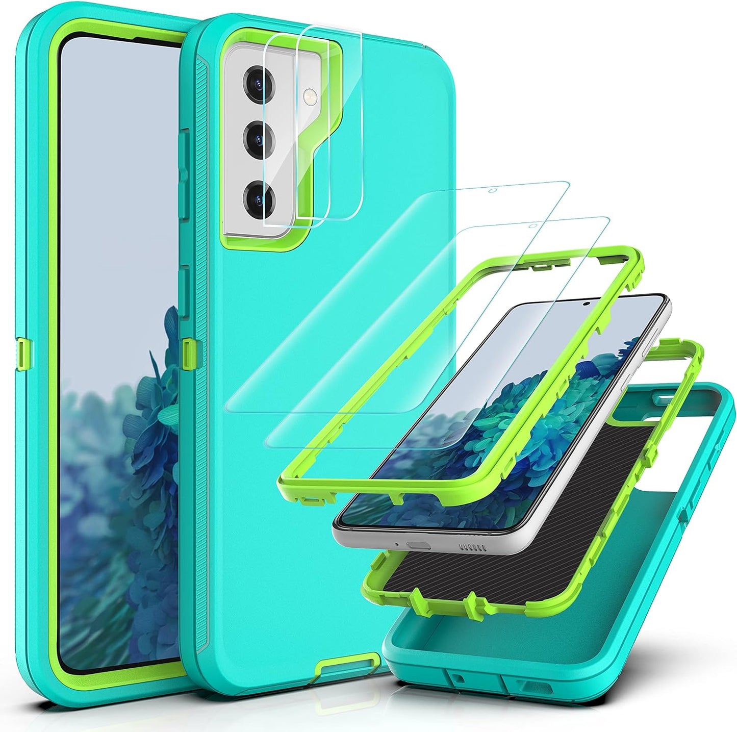 Ymhxcy Galaxy S21 Case, Drop 3 Layer Durable Cover (No Screen Protector) Solid Rubber Case / 16Ft Test Clear Case for Samsung Galaxy S21-Crystal Clear  YmhxcY Sf-Aqua Blue And Lime Green Sf-Galaxy S21 