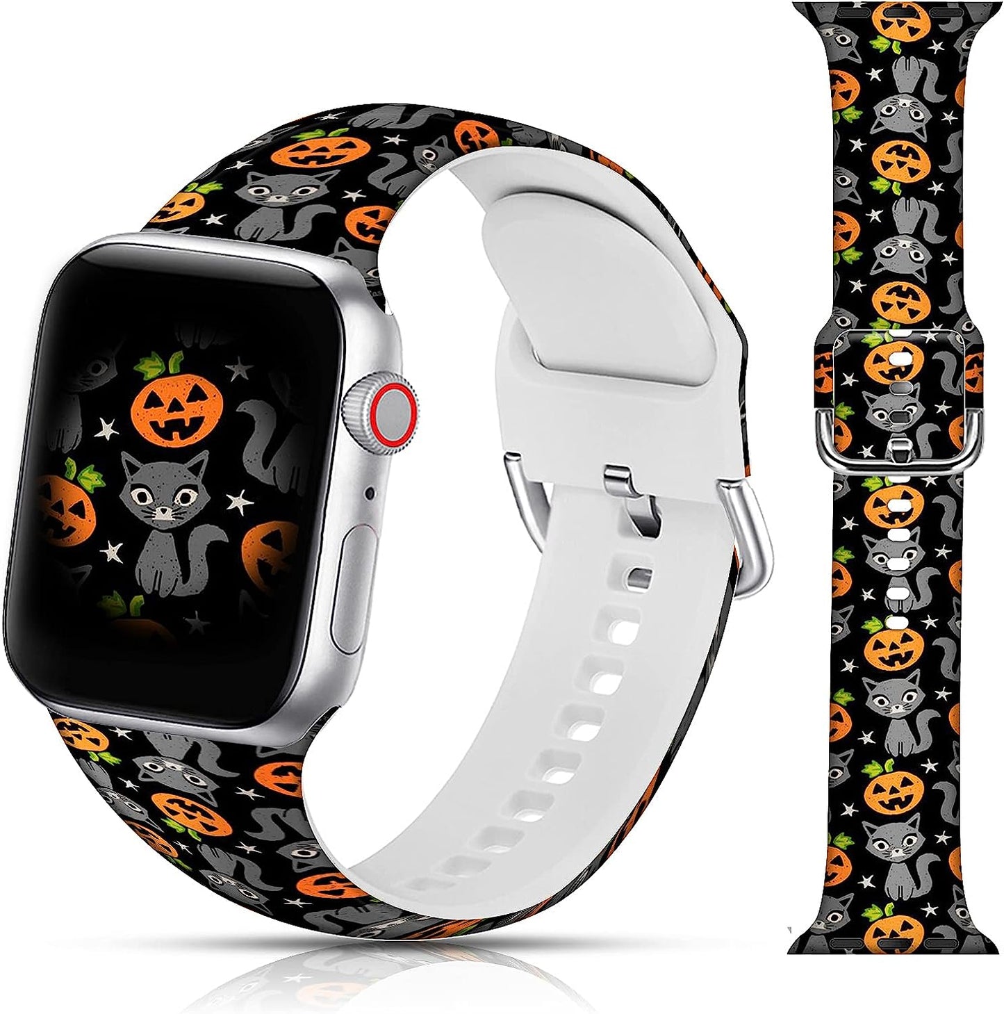 LAACO Silicone Sport Bands Compatible with Apple Watch 49Mm 45Mm 44Mm 42Mm 41Mm 40Mm 38Mm for Women Men Girls, Floral Design Replacment Strap for Iwatch SE Utral/Series 8/7/6/5/4/3/2/1  LAACO Halloween Pumpkin Cat 38mm/40mm/41mm 
