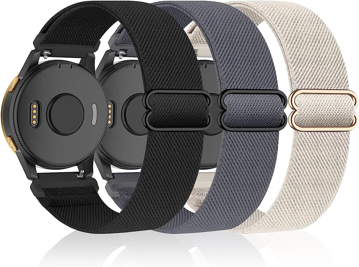 3 Pack Stretchy Nylon Watch Bands Compatible with Garmin Venu/Venu Sq, 20Mm Loop Elastic Straps for Garmin Vivoactive 3,Venu 2 Plus,Vivoactive 3 Music,Forerunner 645/55/245 Music for Women Men.  bolesi black/blue gray/starlight  