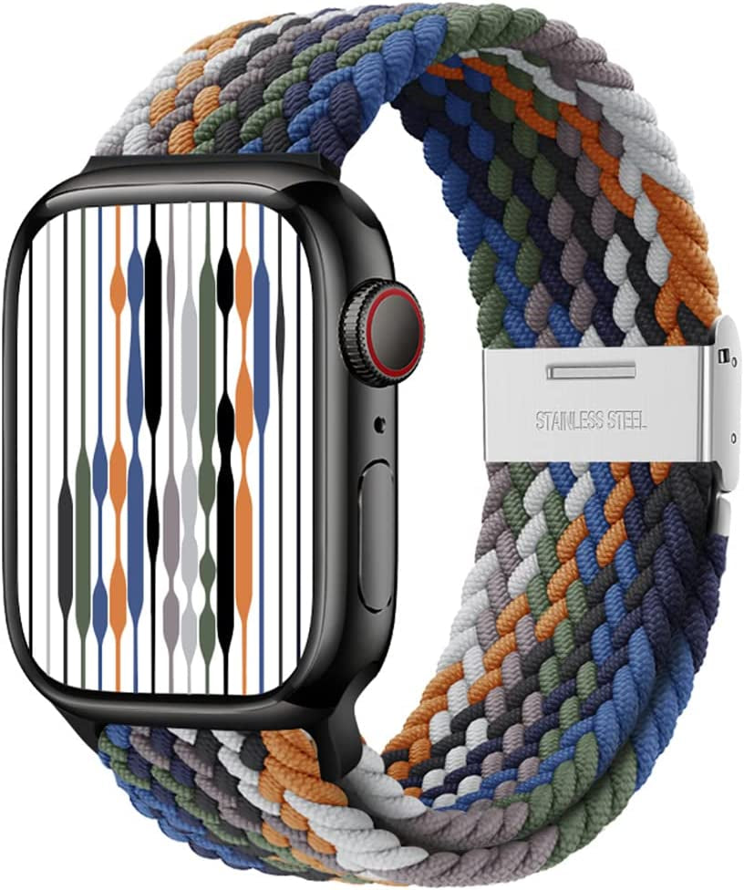 Qimela Compatible with Apple Watch Band 49Mm 45Mm 44Mm 42Mm,Stretchy Sport Solo Loop Strap with Adjustable Buckle,Elastic Nylon Braided Wristband for Iwatch Series 8 7 6 SE 5 4 3 2 1 Ultra,Women Men  FS-TECH Jeans (with Silver Buckle) 38mm/40mm/41mm 