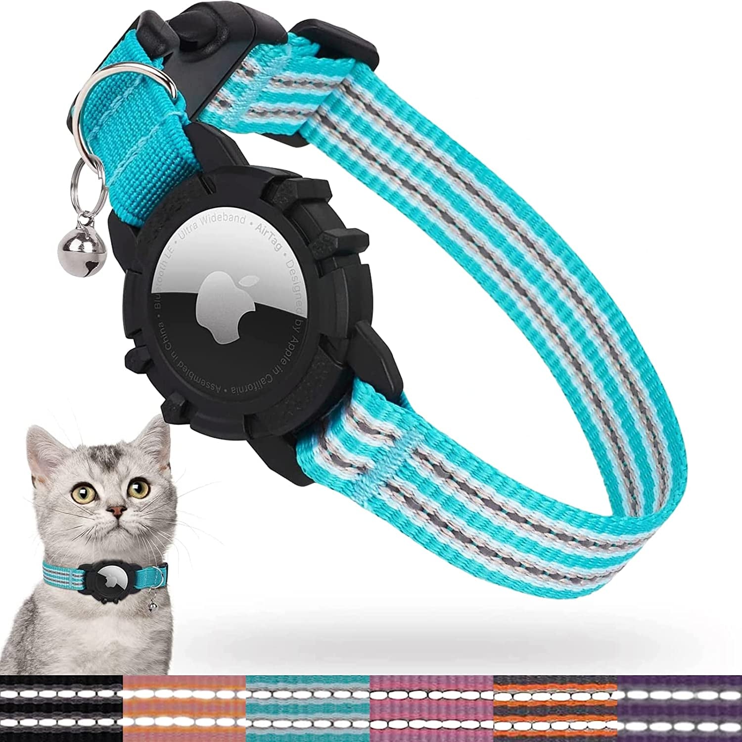 FEEYAR Airtag Cat Collar,Integrated Kitten Collar with Apple Airtag Holder, Reflective GPS Cat Collar with Bell[Pink], Lightweight Tracker Cat Collars for Girl Boy Cats, Kittens and Puppies  FEEYAR Teal 9-13 Inch 