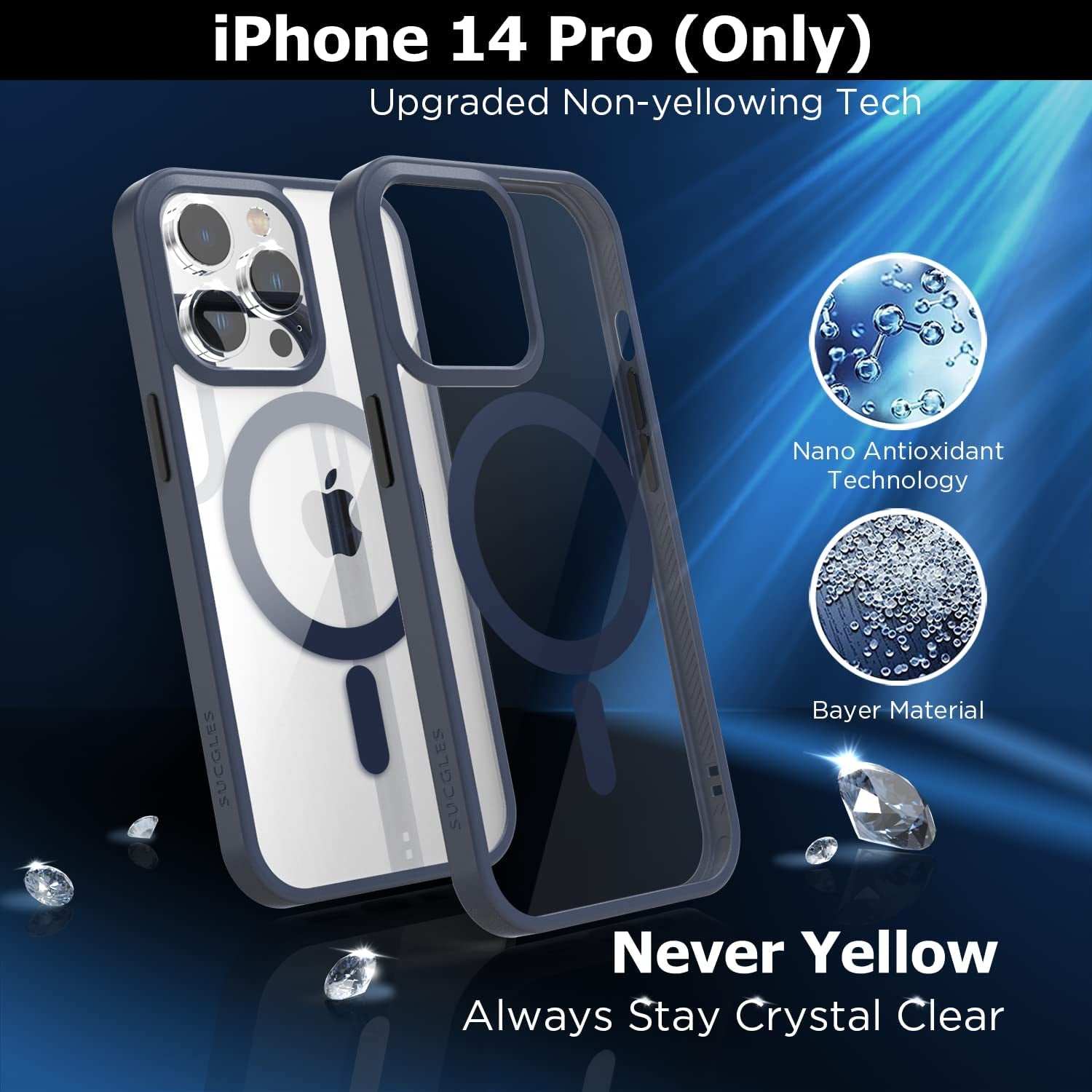 SUCGLES Strong Magnetic for Iphone 14 Pro Case with Magsafe, [Non-Yellowing] [Military Grade Protection] Slim Thin Mag Safe Magnet Bumper Phone Cover for (Apple 14Pro, Clear-Navy Blue)  Gotrays Gavin LLC   