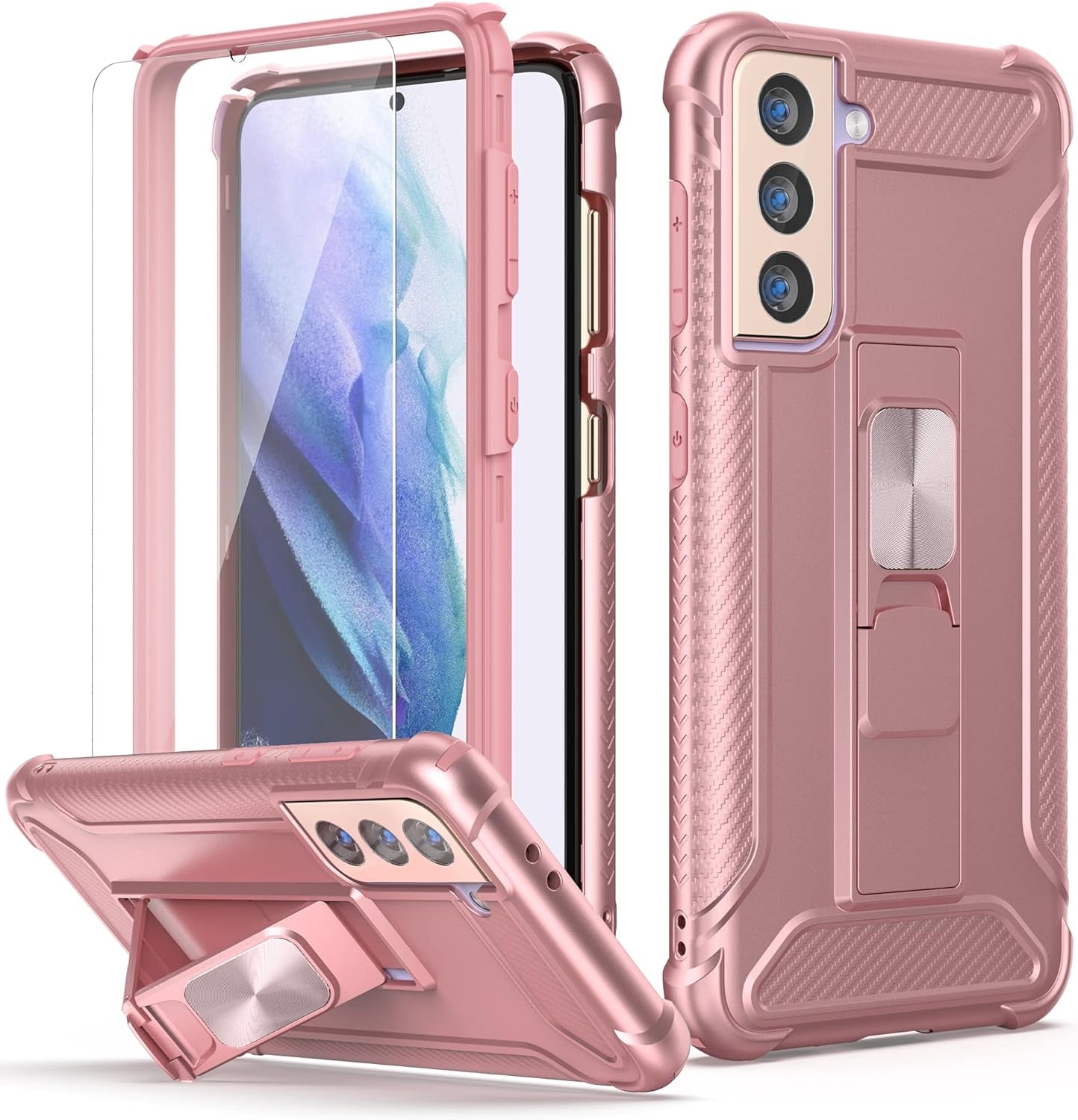 ORETECH Samsung S21 plus Case, Galaxy S21 plus Case with 2 X Tempered Glass Screen Protector for Samsung Galaxy S21 plus Phone Case with Built-In Kickstand for Samsung S21 plus Case -6.7" Red  ORETECH Rosegold For Samsung Galaxy S21 Plus-6.7 Inch 