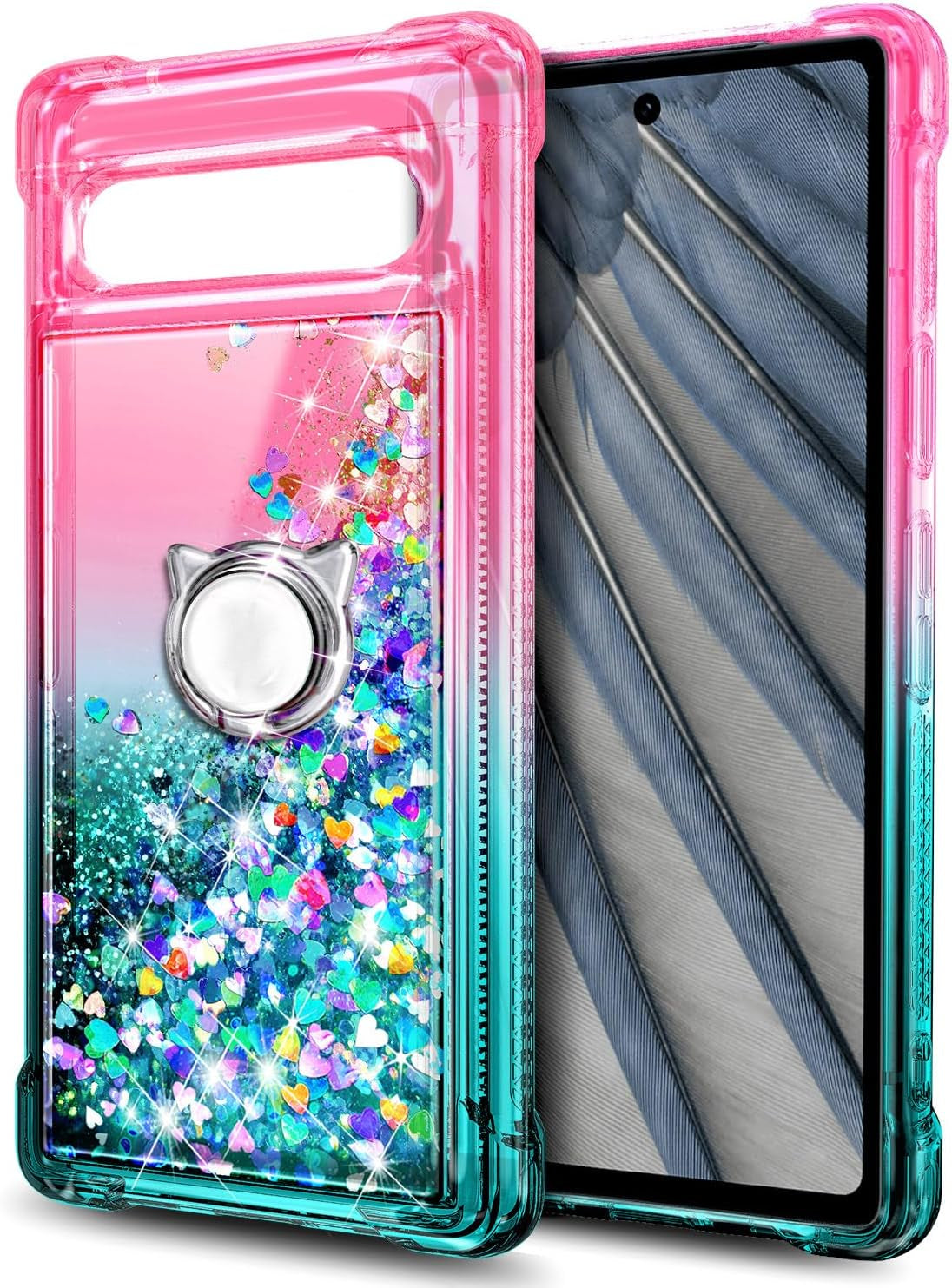 NZND Compatible with Google Pixel 7A (2023) with Tempered Glass Screen Protector, Ring Holder/Wrist Strap, Glitter Liquid Floating Waterfall Durable Girls Women Cute Phone Case (Pink/Aqua)  NZND   