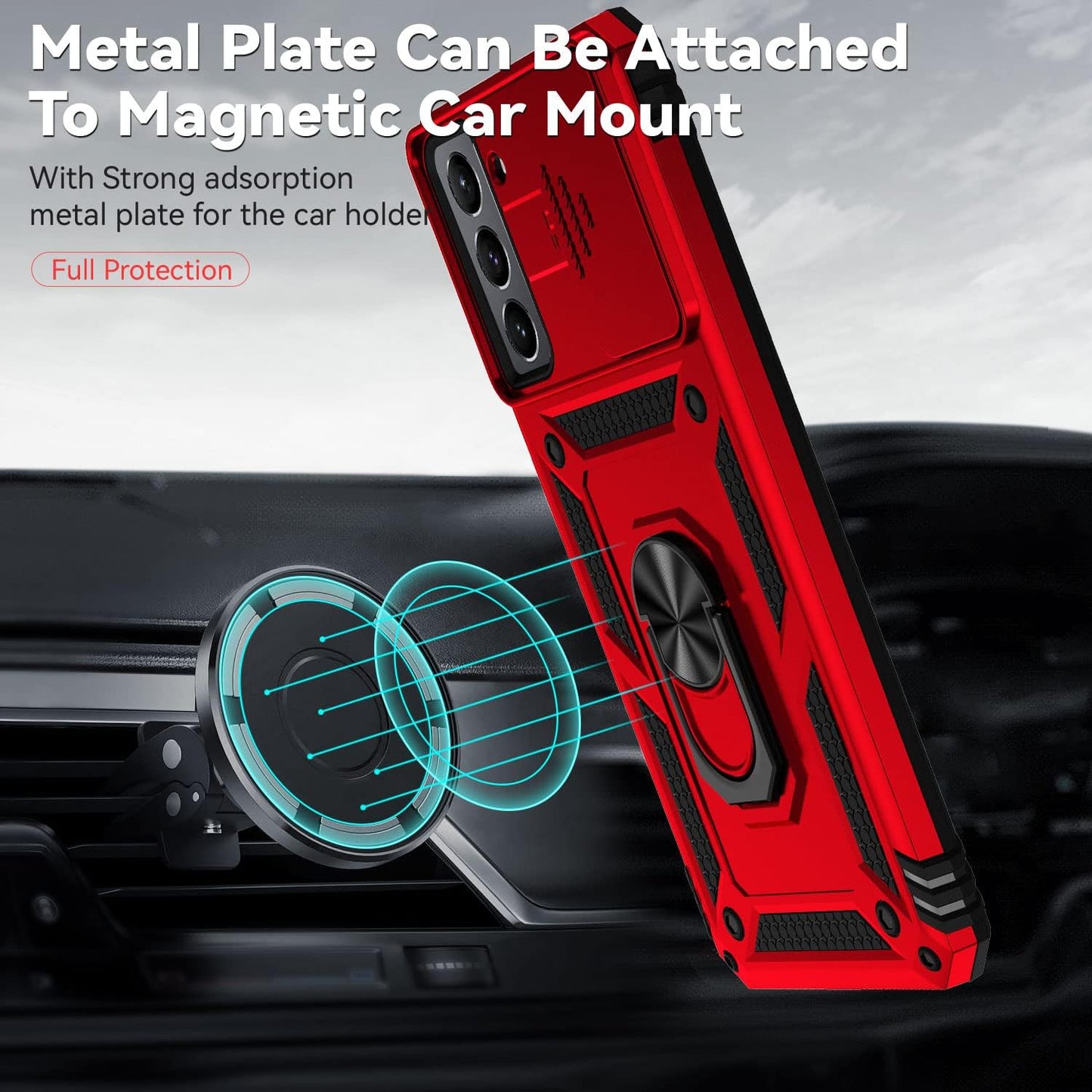 YZOK for Samsung Galaxy S21 Case,With Camera Lens Cover HD Screen Protector,[Military Grade] Ring Car Mount Kickstand Hybrid Hard PC Soft TPU Shockproof Protective Case for Galaxy S21, Red  YZOK   