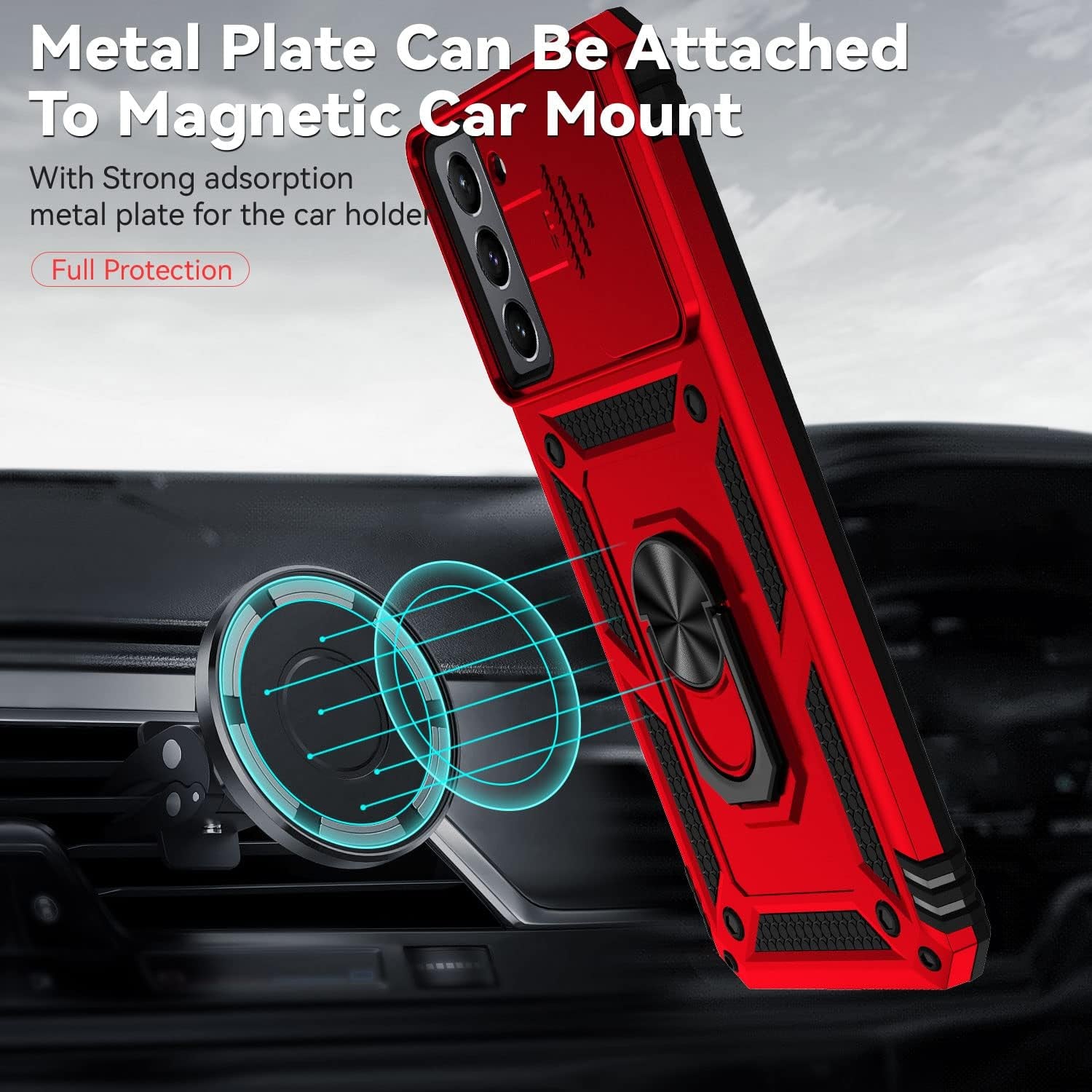 YZOK for Samsung Galaxy S21 Case,With Camera Lens Cover HD Screen Protector,[Military Grade] Ring Car Mount Kickstand Hybrid Hard PC Soft TPU Shockproof Protective Case for Galaxy S21, Red  YZOK   