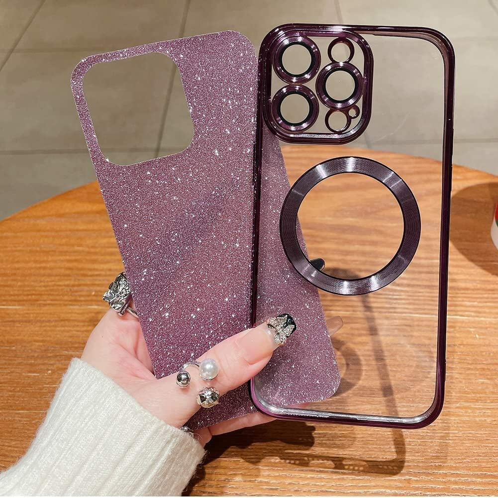 Aowner Magnetic Case for Iphone 14 Pro Glitter Case, Luxury Plating Cute Bling with Camera Lens Protector, Compatible with Magsafe, Slim Thin for Women Girls Protective Clear Phone Case, Purple  aowner   