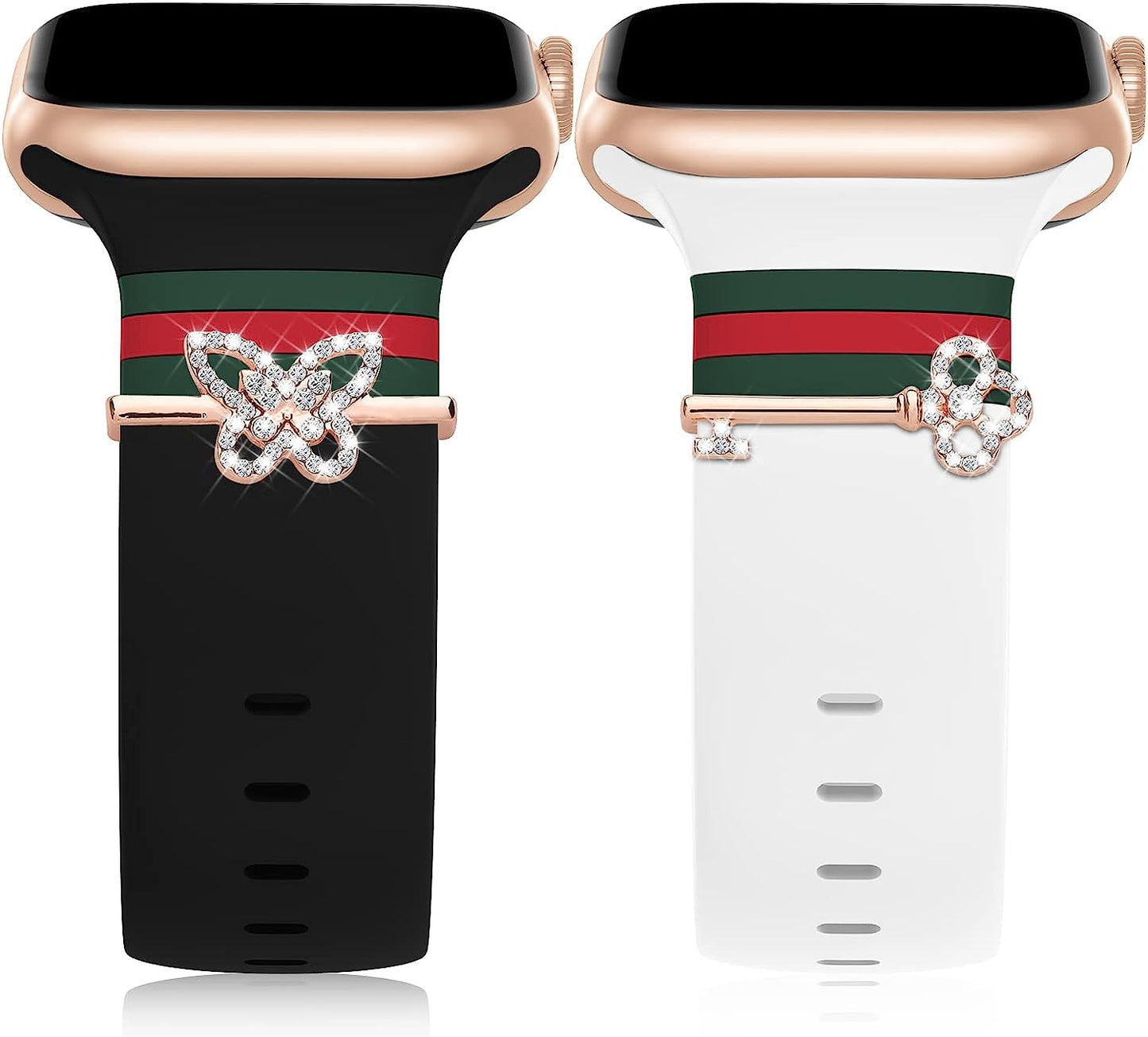 2 Pack Designer Bands Compatible with Apple Watch Band 38Mm 40Mm 44Mm 41Mm 42Mm 45Mm 49Mm Men Women, Soft Silicone Sport Strap Replacement Wristbands for Iwatch Bands Series Ultra SE 8 7 6 5 4 3 2 1  iWabcertoo Black/White+Charms B 38mm/40mm/41mm 