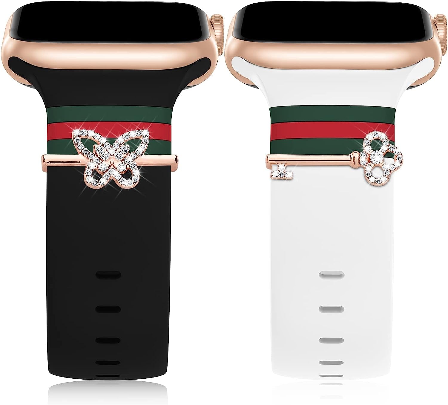 2 Pack Designer Bands Compatible with Apple Watch Band 38Mm 40Mm 44Mm 41Mm 42Mm 45Mm 49Mm Men Women, Soft Silicone Sport Strap Replacement Wristbands for Iwatch Bands Series Ultra SE 8 7 6 5 4 3 2 1  iWabcertoo Black/White+Charms B 38mm/40mm/41mm 