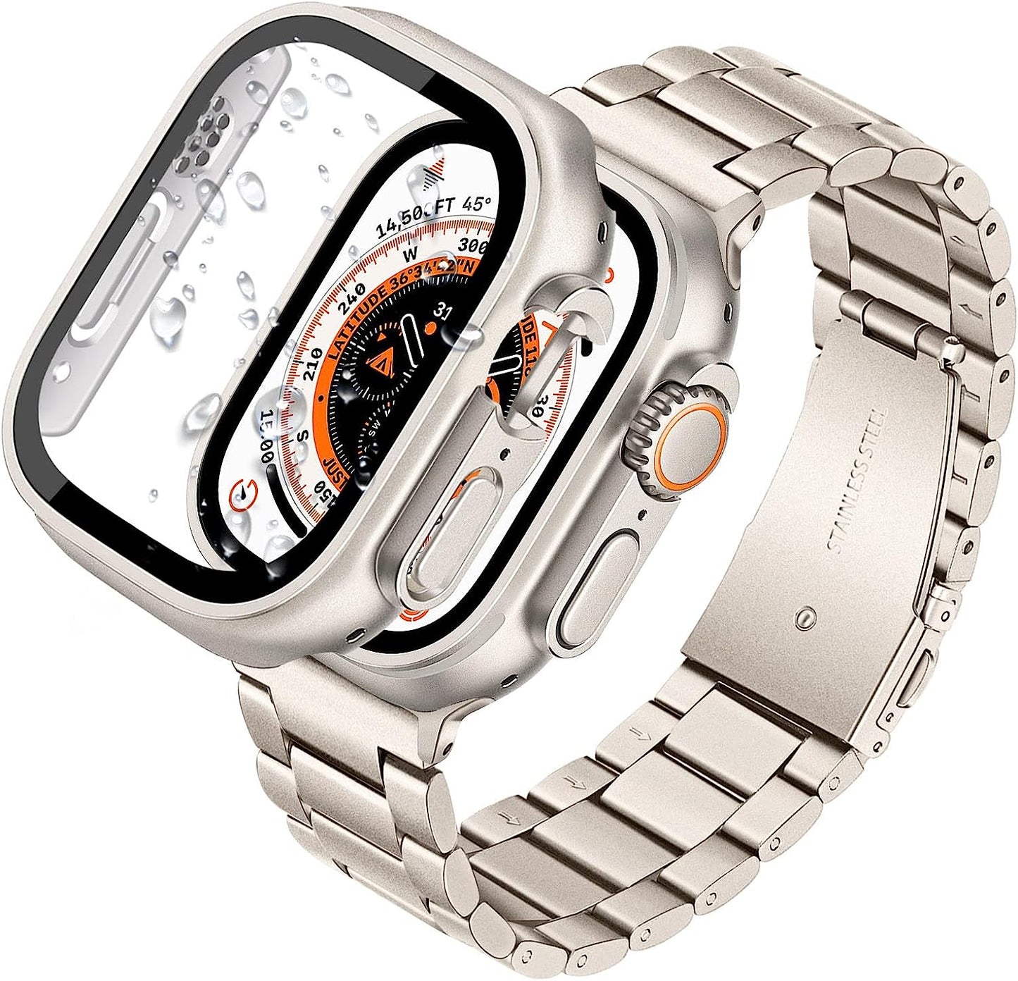 Trumirr Band + Protective Case + Screen Protector for Apple Watch Ultra 49Mm Starlight, Solid Metal Stainless Steel Strap & Tempered Glass Cover for Iwatch Ultra 49Mm  TRUMiRR   