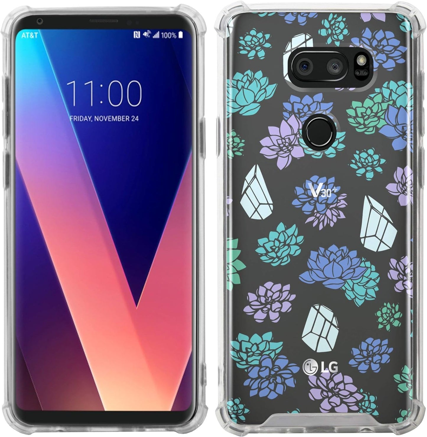 Casesondeck Crystal Case Compatible with [LG V30S Thinq and LG V30] Thin Slim Anti-Slip Grip Case with Bumper Edges Hard Back (Cactus Gems)  CasesonDeck   